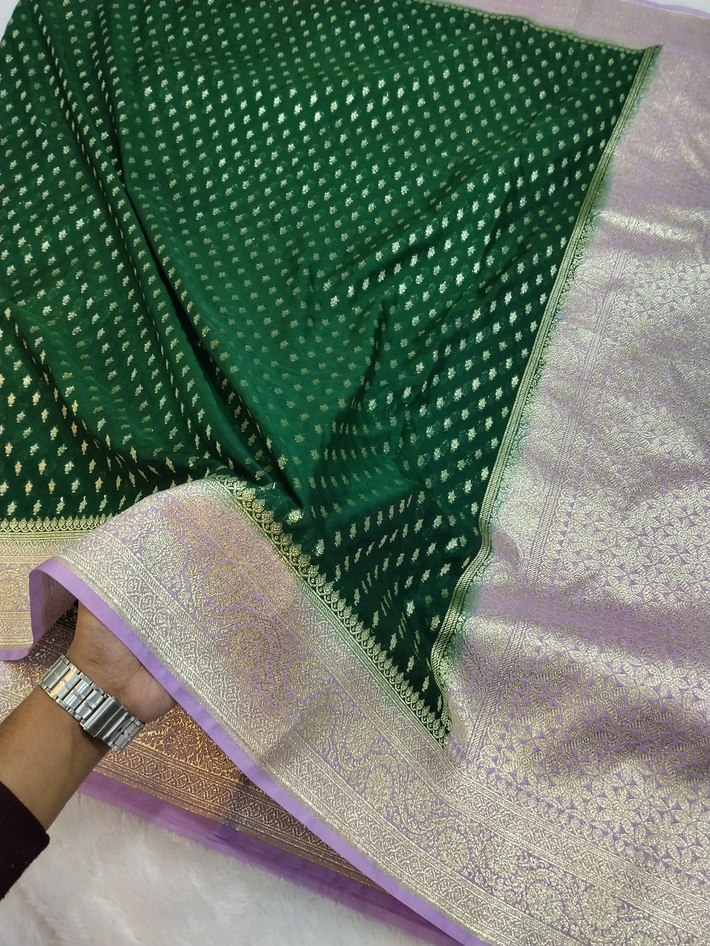 Bottle Green And Pink Zari Buti Georgette Saree