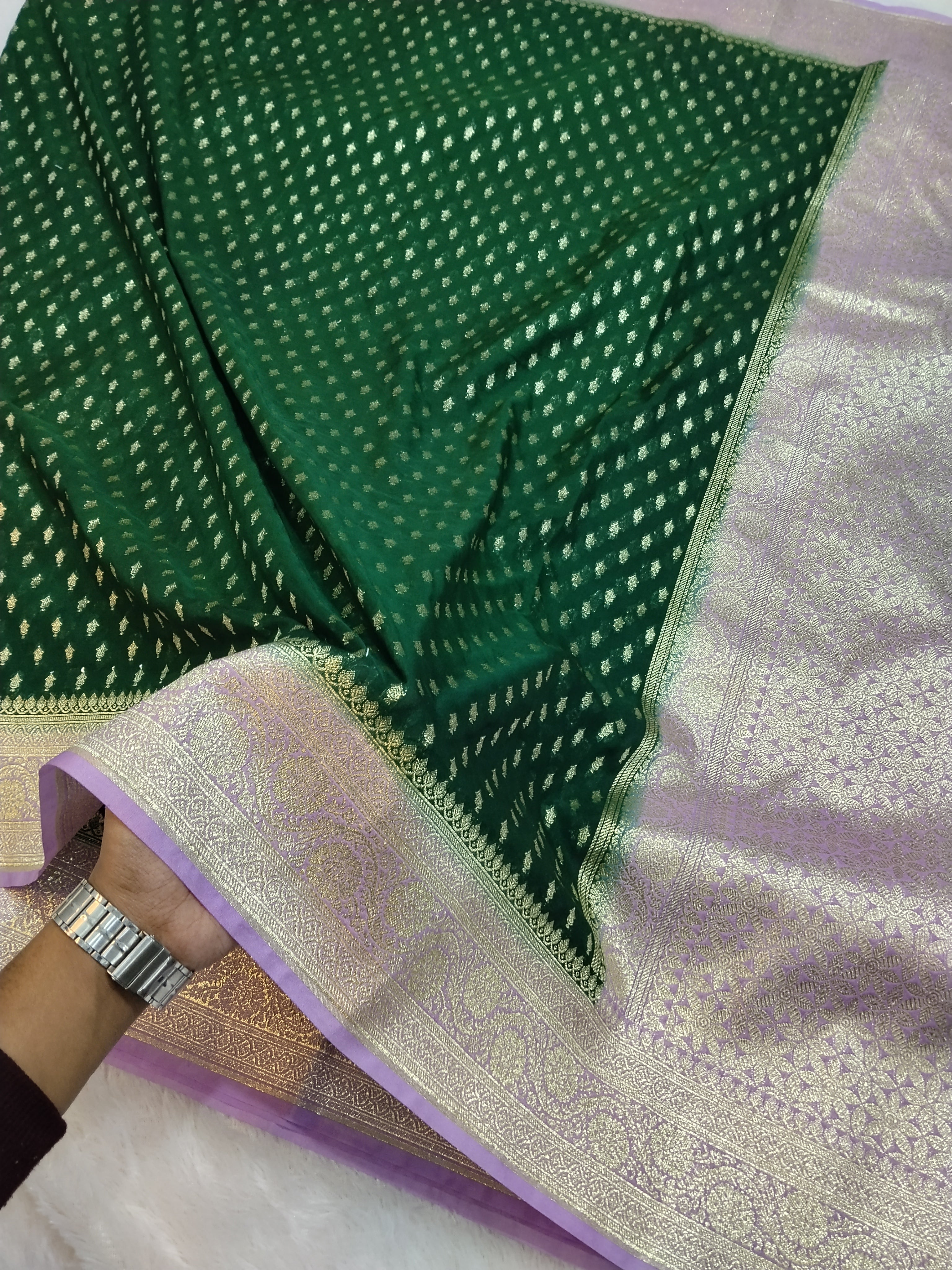 Bottle Green And Pink Zari Buti Georgette Saree