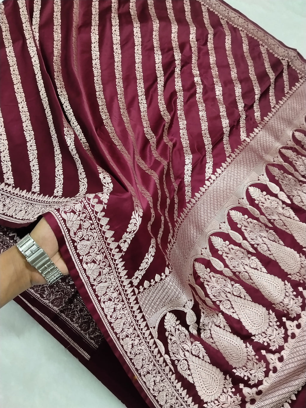 Maroon Colour Banarasi Mashru Silk Saree With Lahariya Design