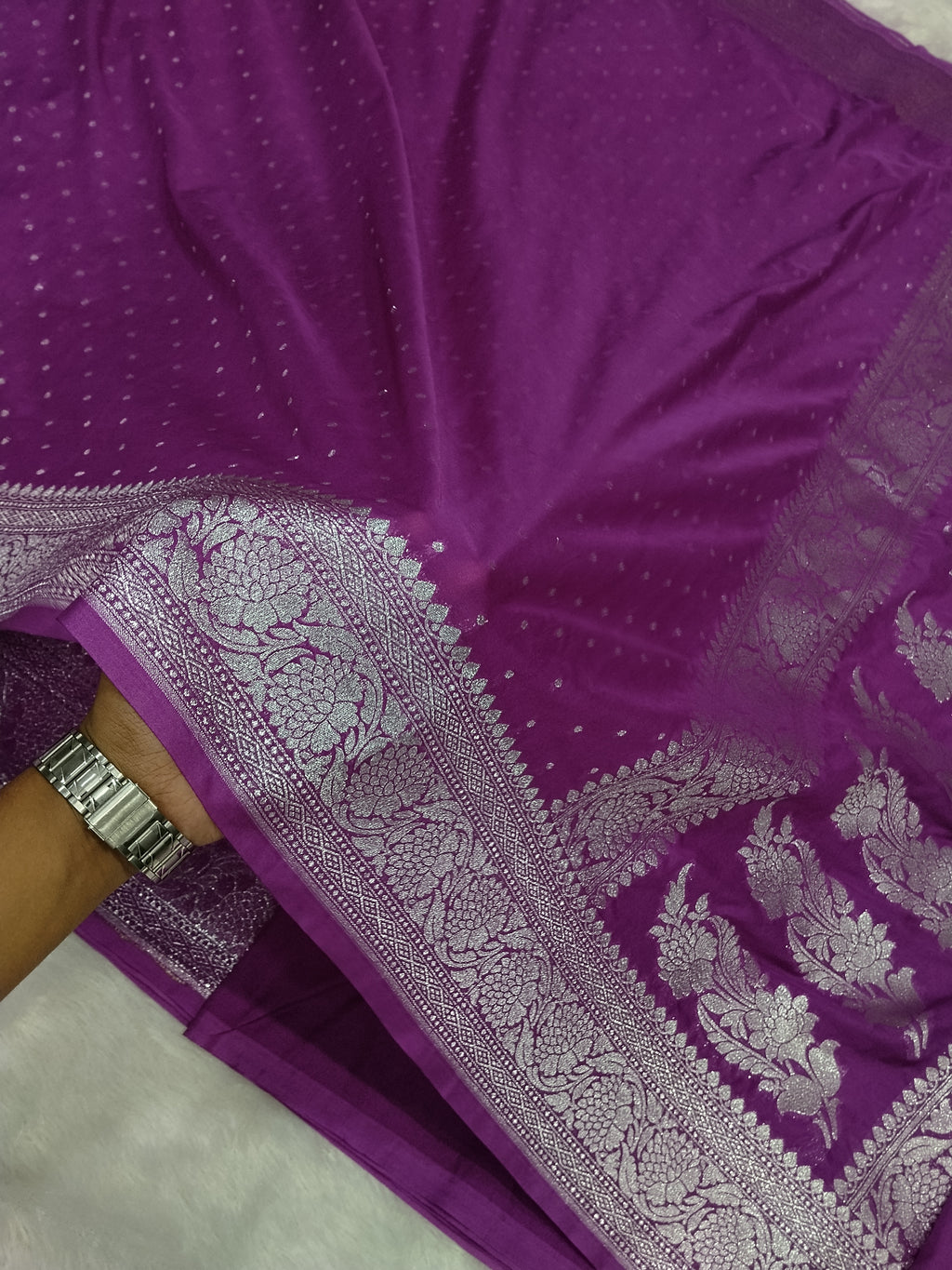 Purple Red Colour Banarasi Khaddi Georgette Saree Small Buti