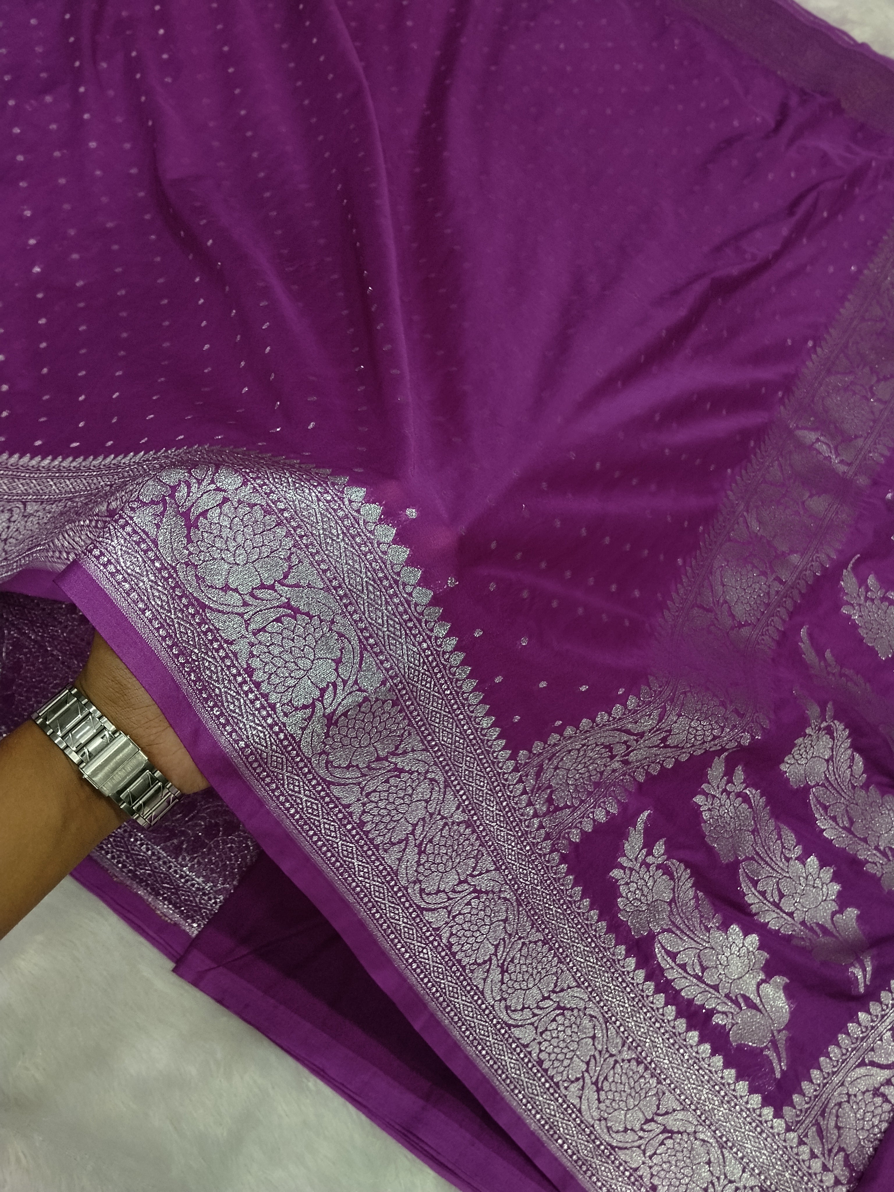Purple Red Colour Banarasi Khaddi Georgette Saree Small Buti