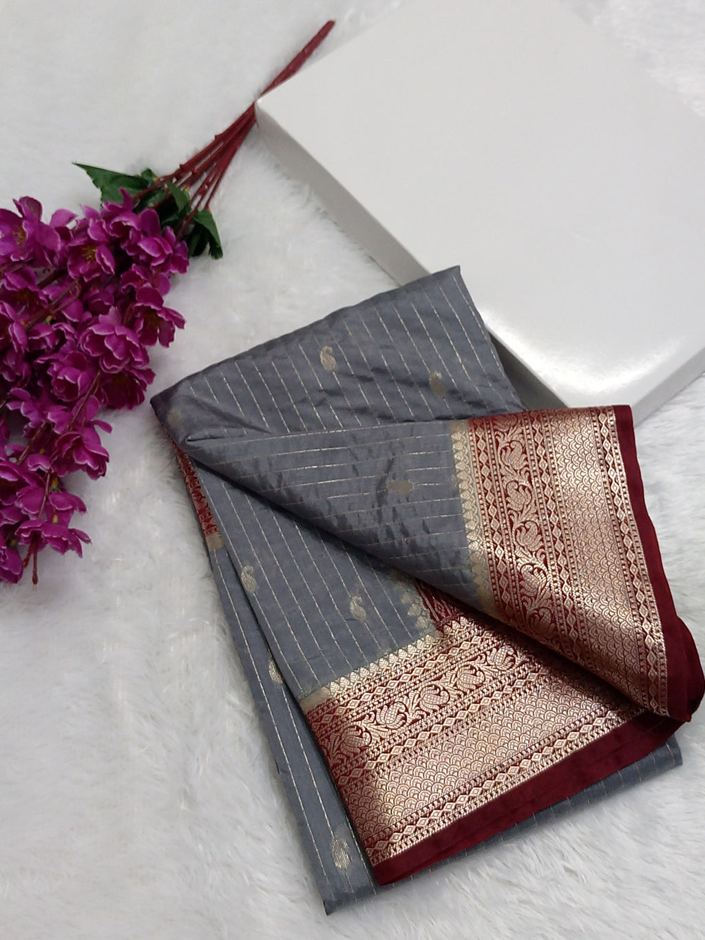 Grey And Maroon Colour Banarasi Moonga Silk Saree