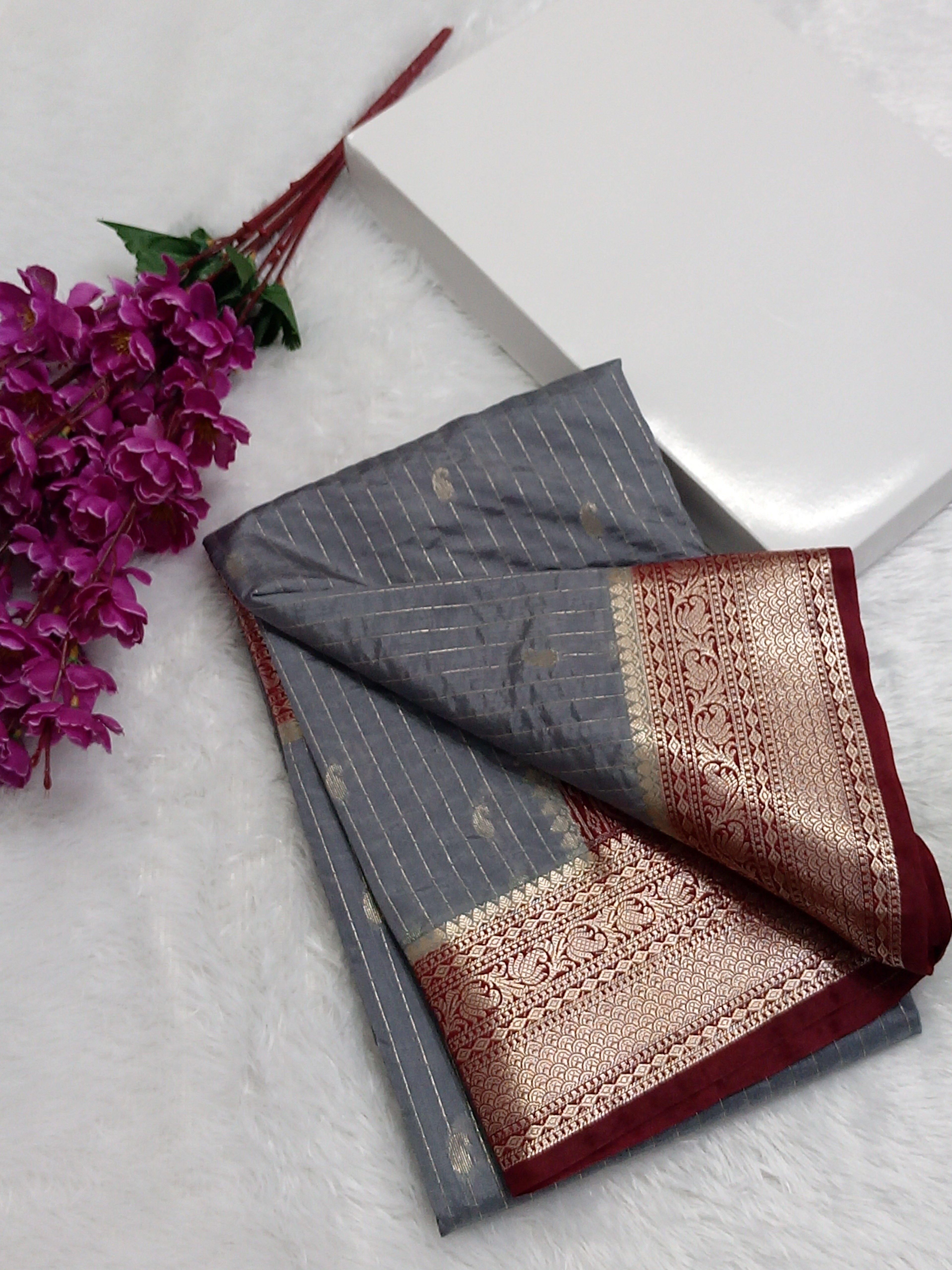 Grey And Maroon Colour Banarasi Moonga Silk Saree