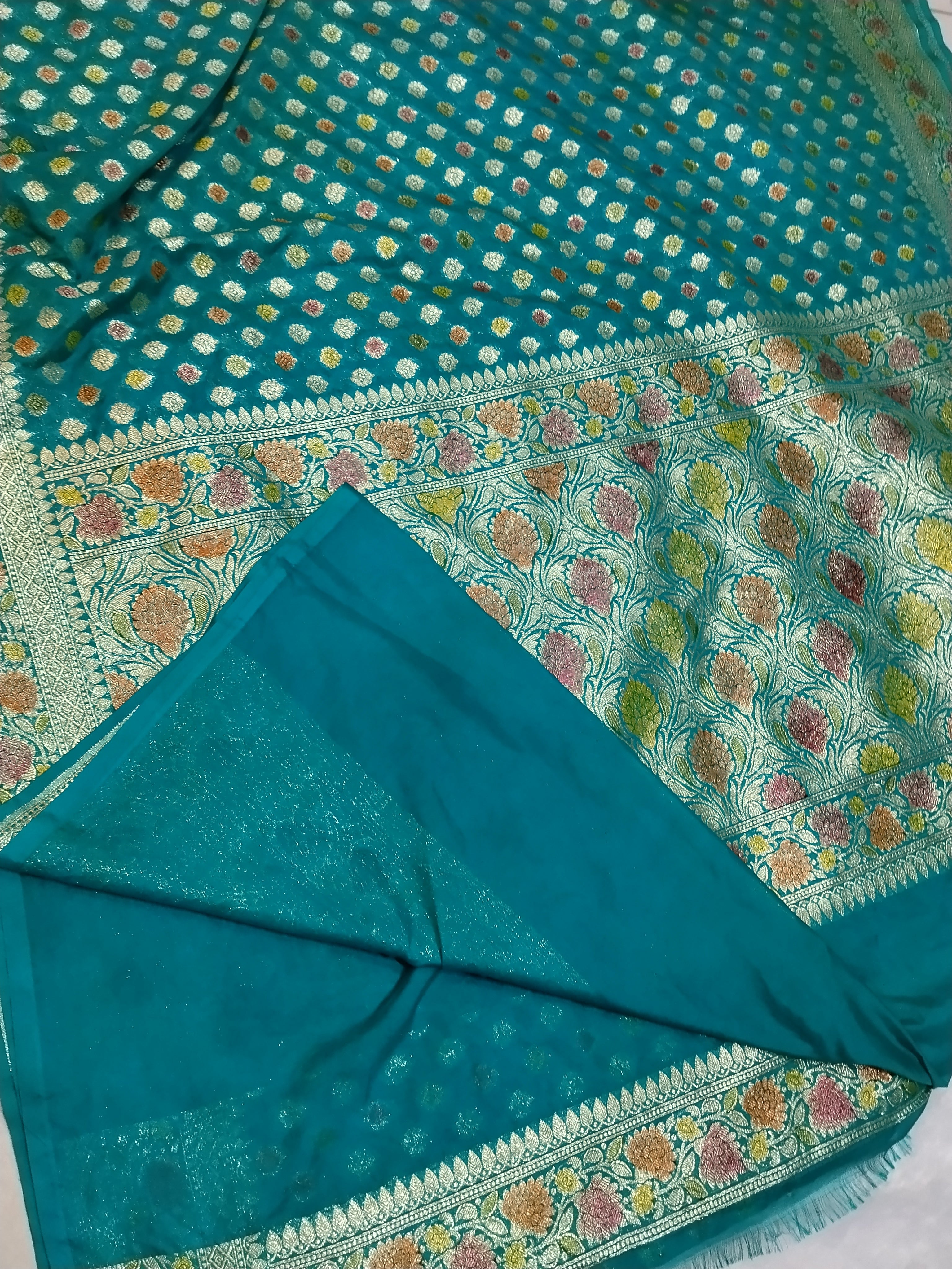 Rama Green Colour Hand Brush Meenakari Work Khaddi Georgette Saree