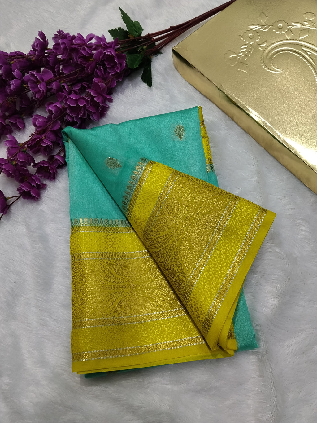Sea Green And Lemon Colour Kanjivaram Border Moonga Silk Saree With Buti