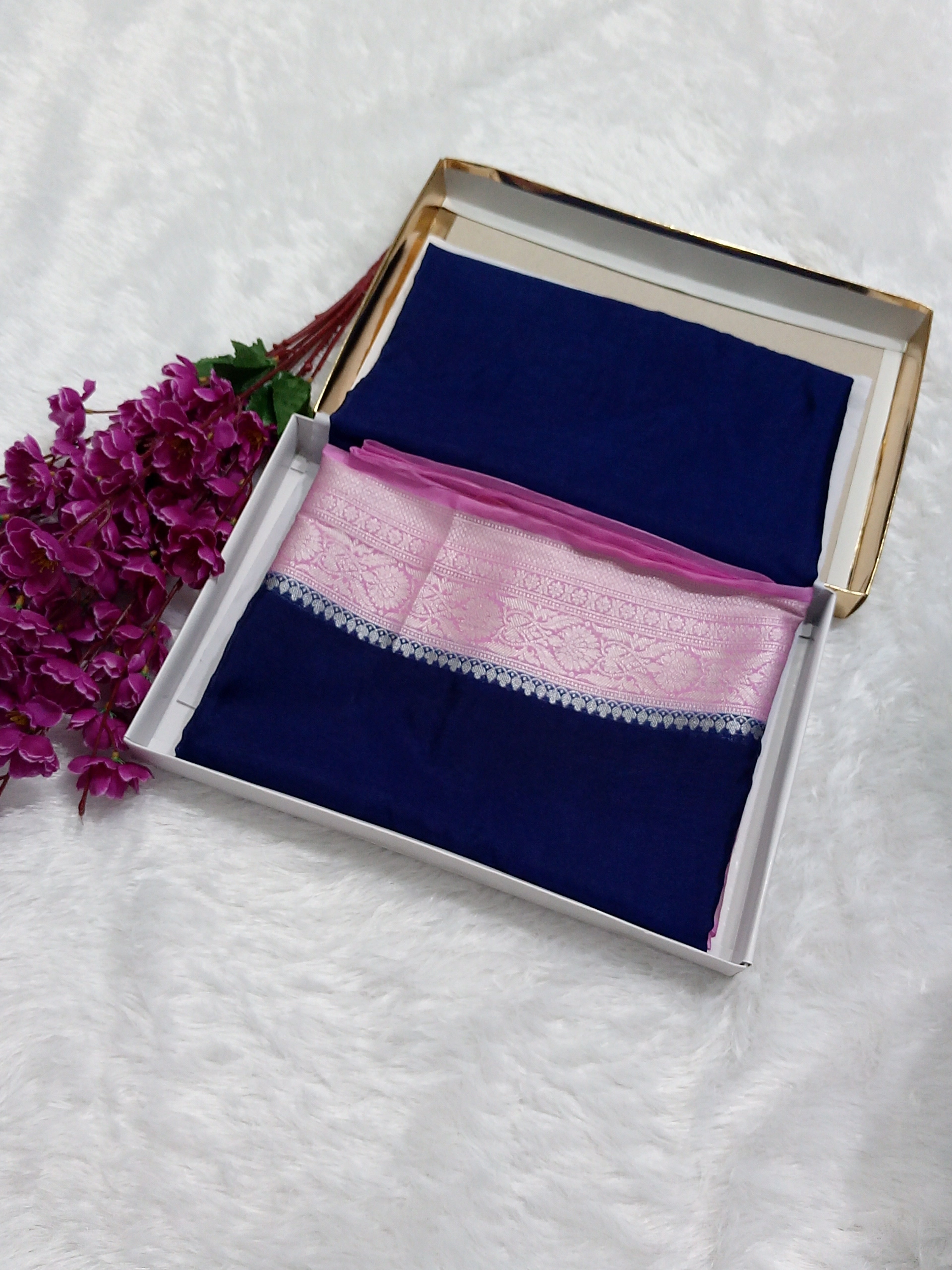 Navy Blue And Pink Colour Plain Body Warm Silk Saree