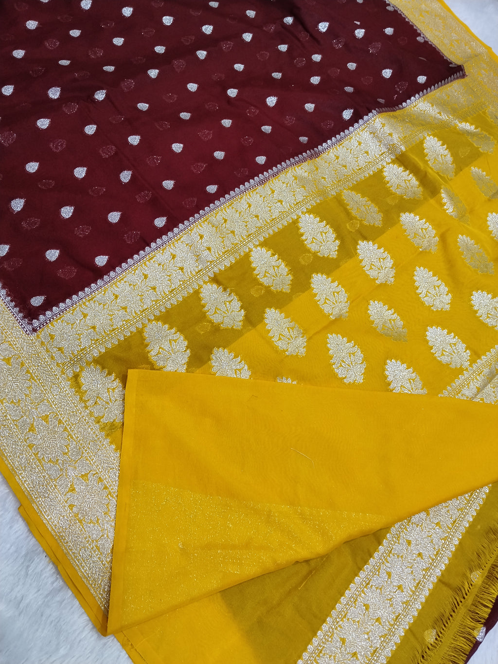 Maroon And Yellow Banarasi Khaddi Georgette Saree