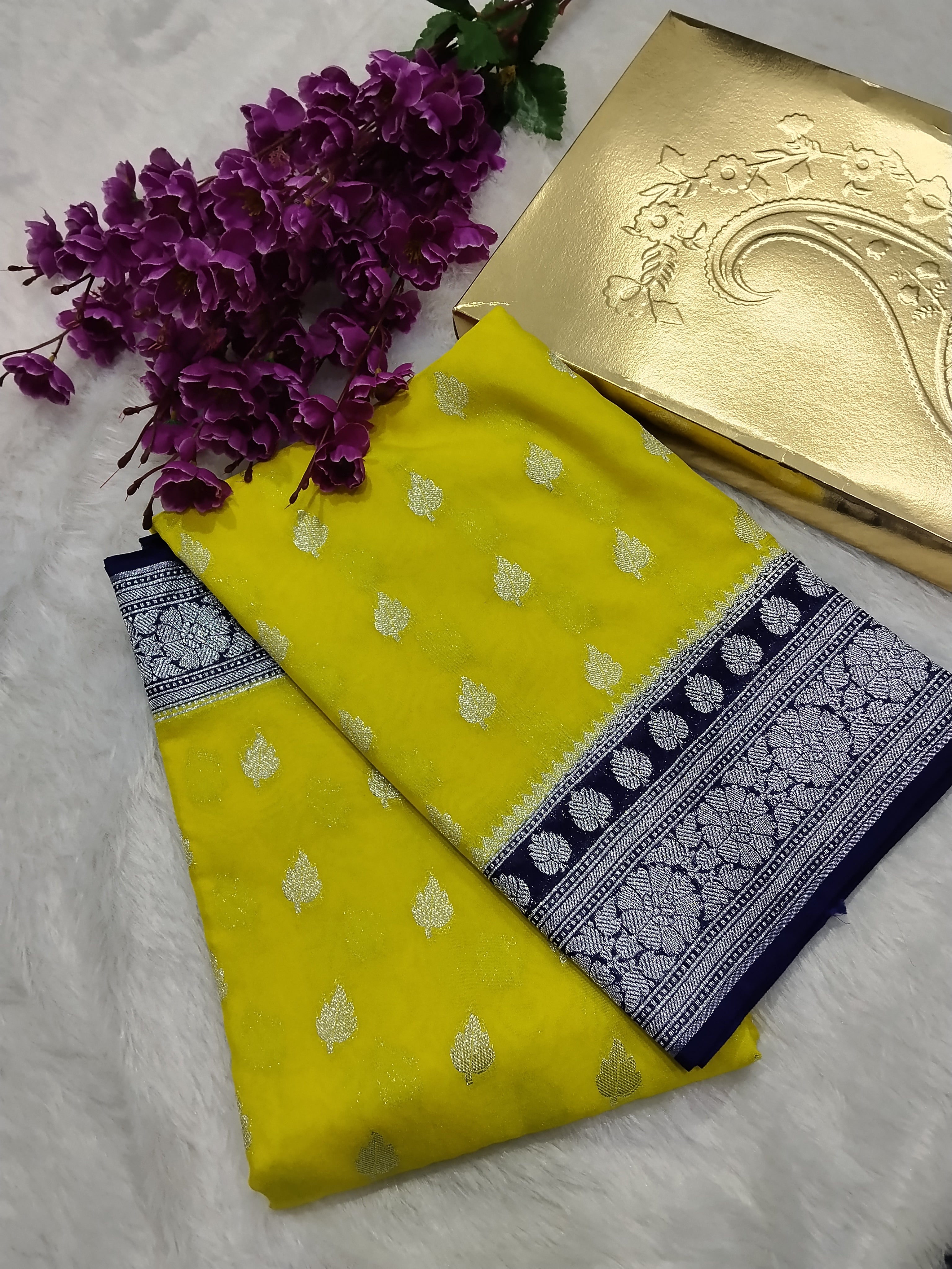 Lemon And Violet Colour Silver Zari Khaddi Georgette Saree