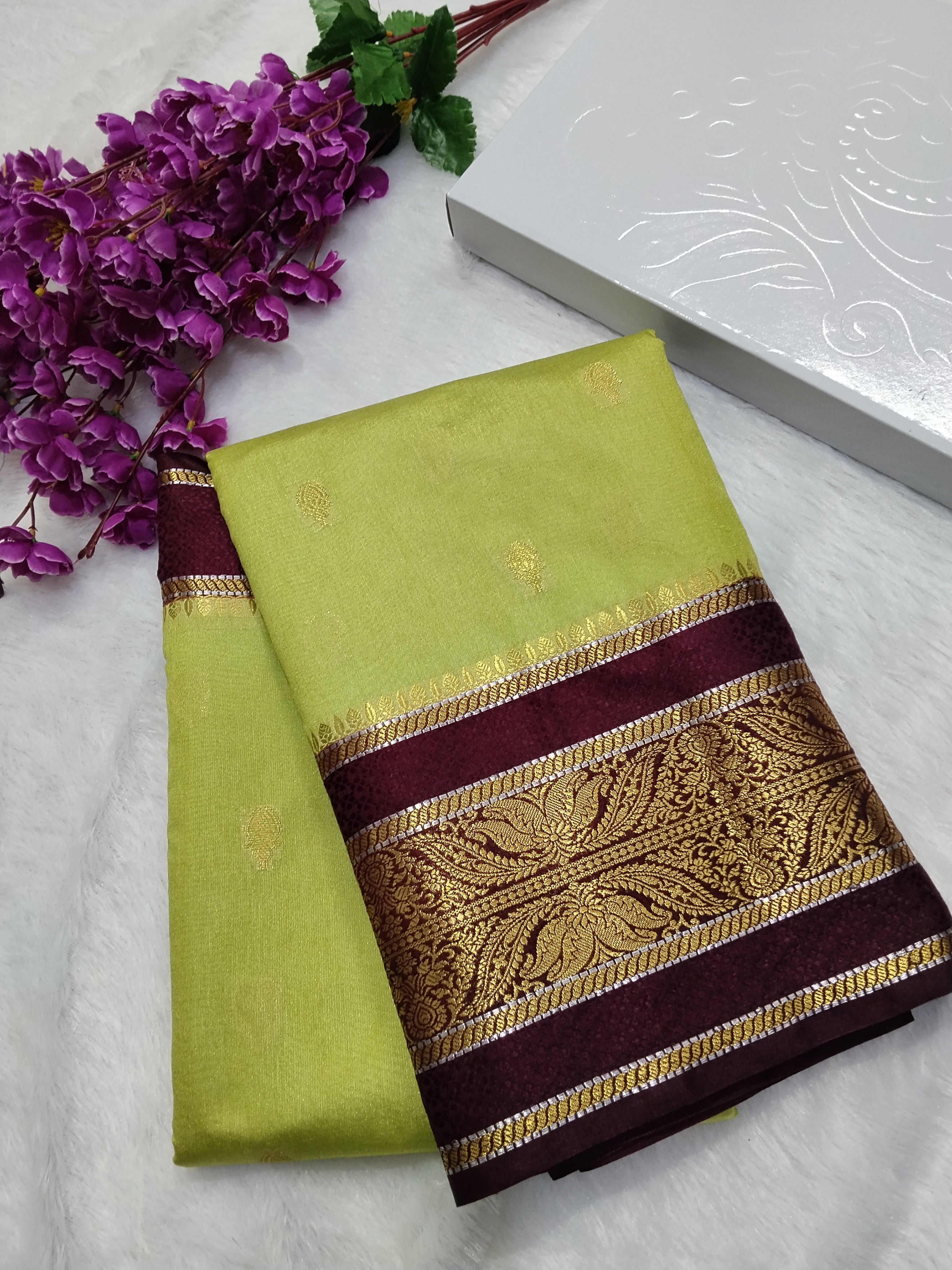 Pista Green And Maroon Colour Banarasi Warm Silk Saree With Buti