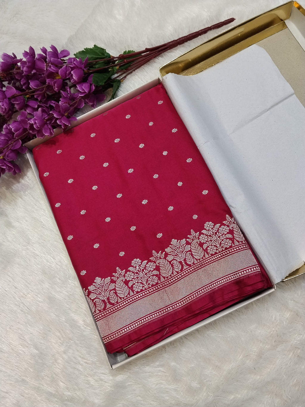 Solid Pink Colour Banarasi Mashru Silk Saree With Temple Border