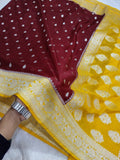 Maroon And Yellow Banarasi Khaddi Georgette Saree