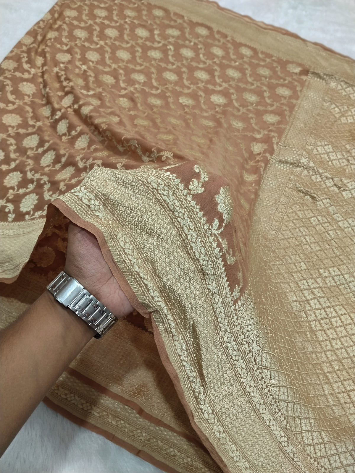 Dark Peach Colour Handloom Pure Banarasi Khaddi Georgette Saree Water Zari