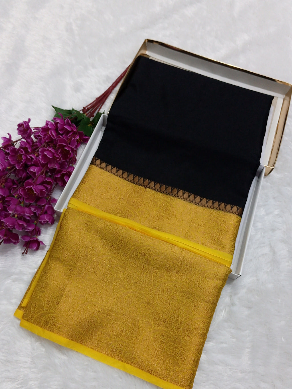 Black And Yellow Colour Plain Body Warm Silk Saree