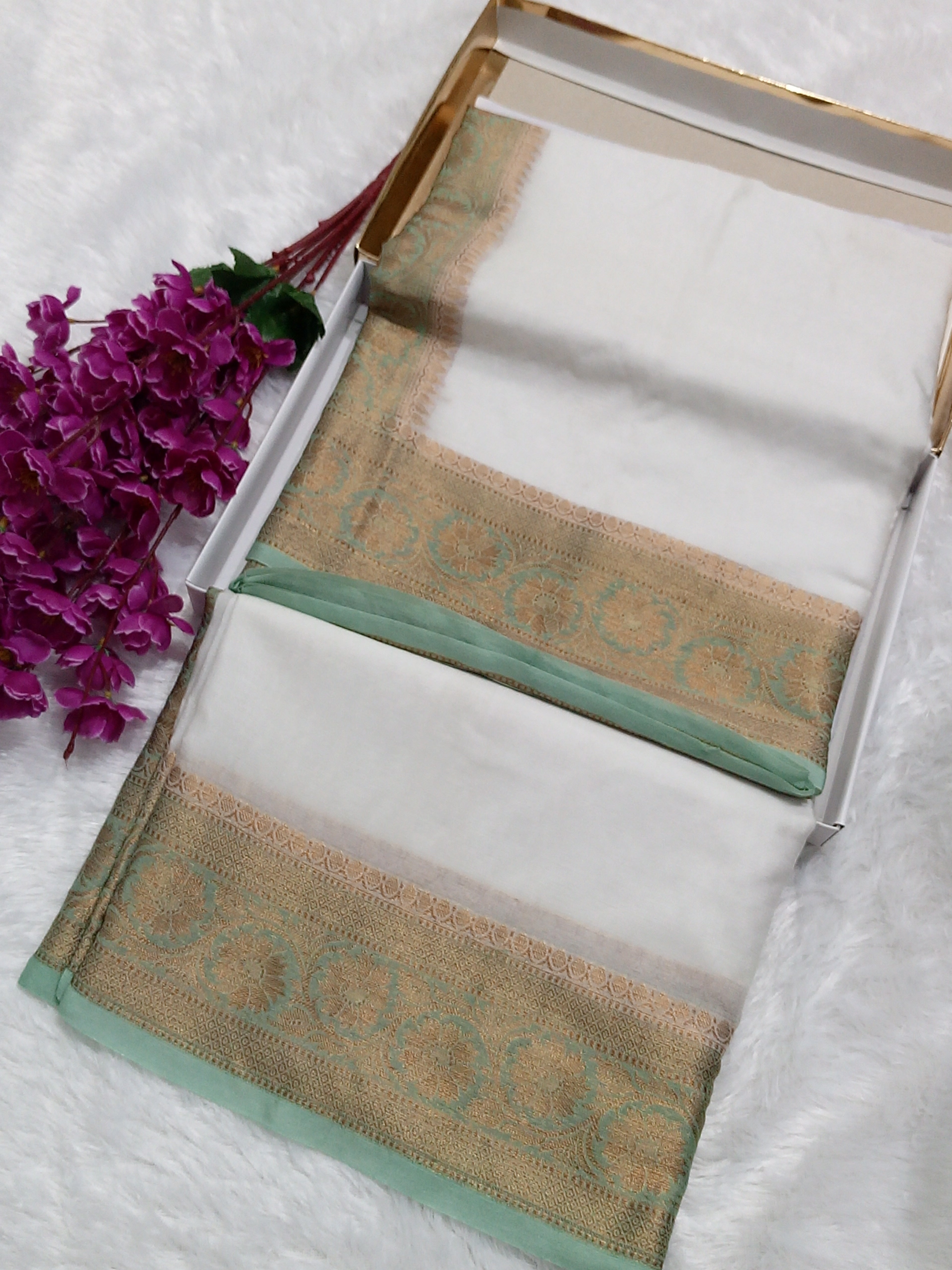 White And And Pista Green Colour Plain Body Warm Silk Saree