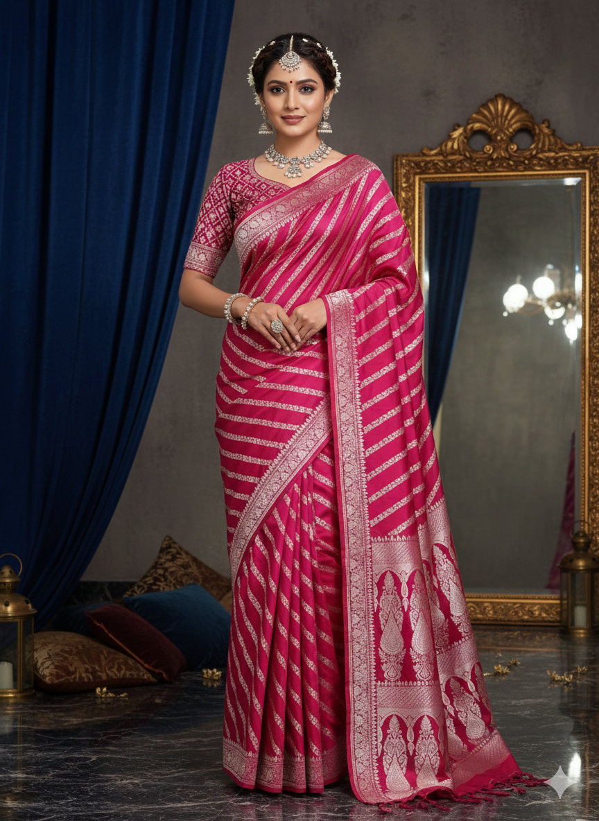 Rose Pink Colour Banarasi Mashru Silk Saree With Lahariya Design