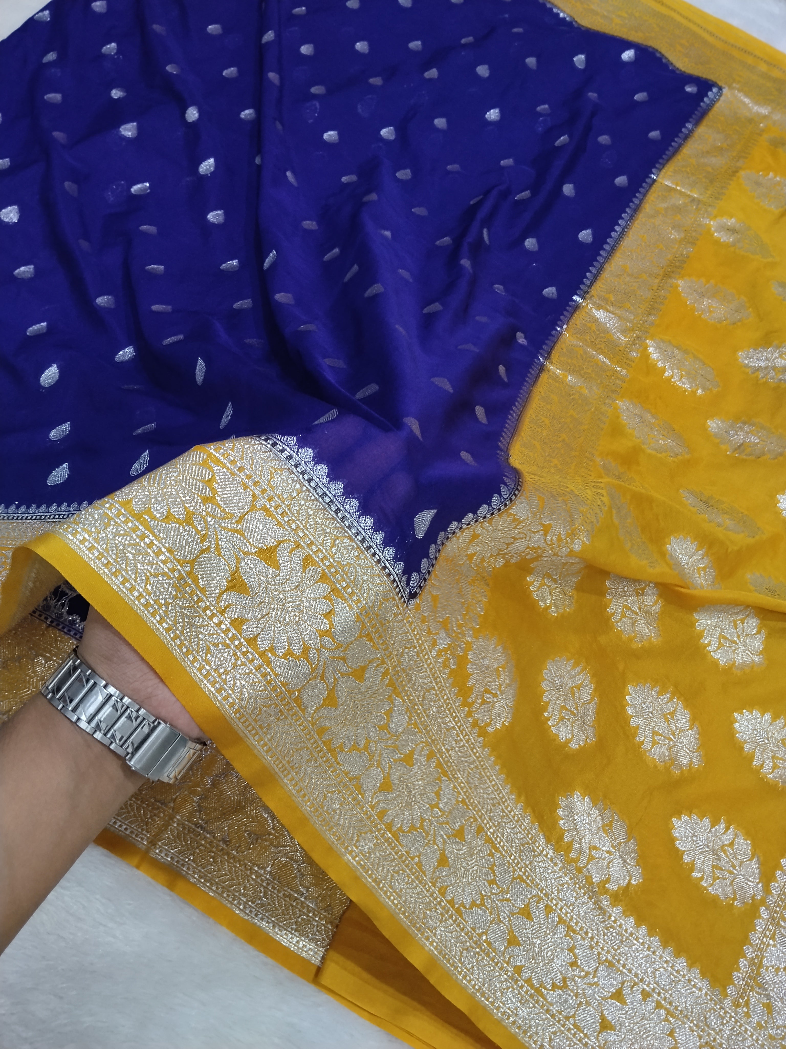 Violet And Yellow Colour Banarasi Khaddi Georgette Saree Small Buti