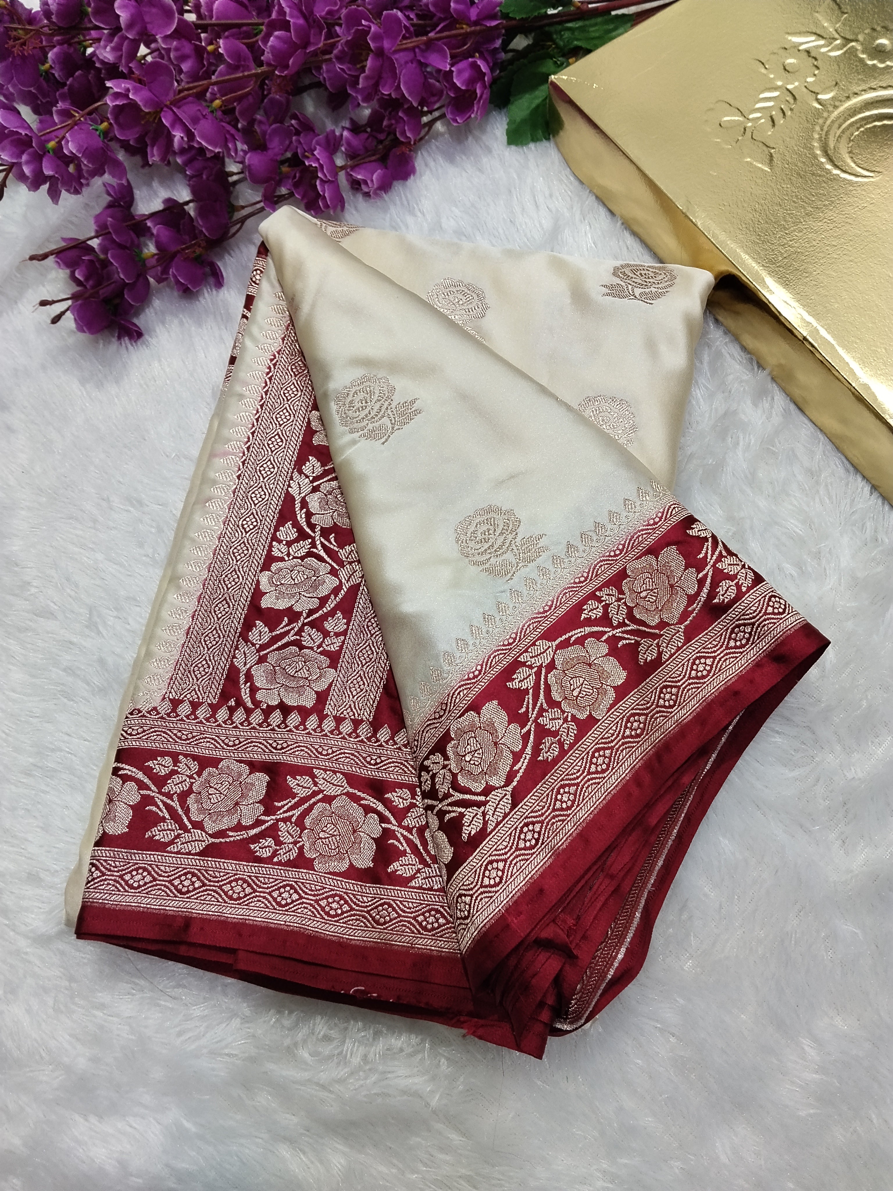 Cream And Red Colour Best Banarasi Mashru Silk Saree Pooja Special