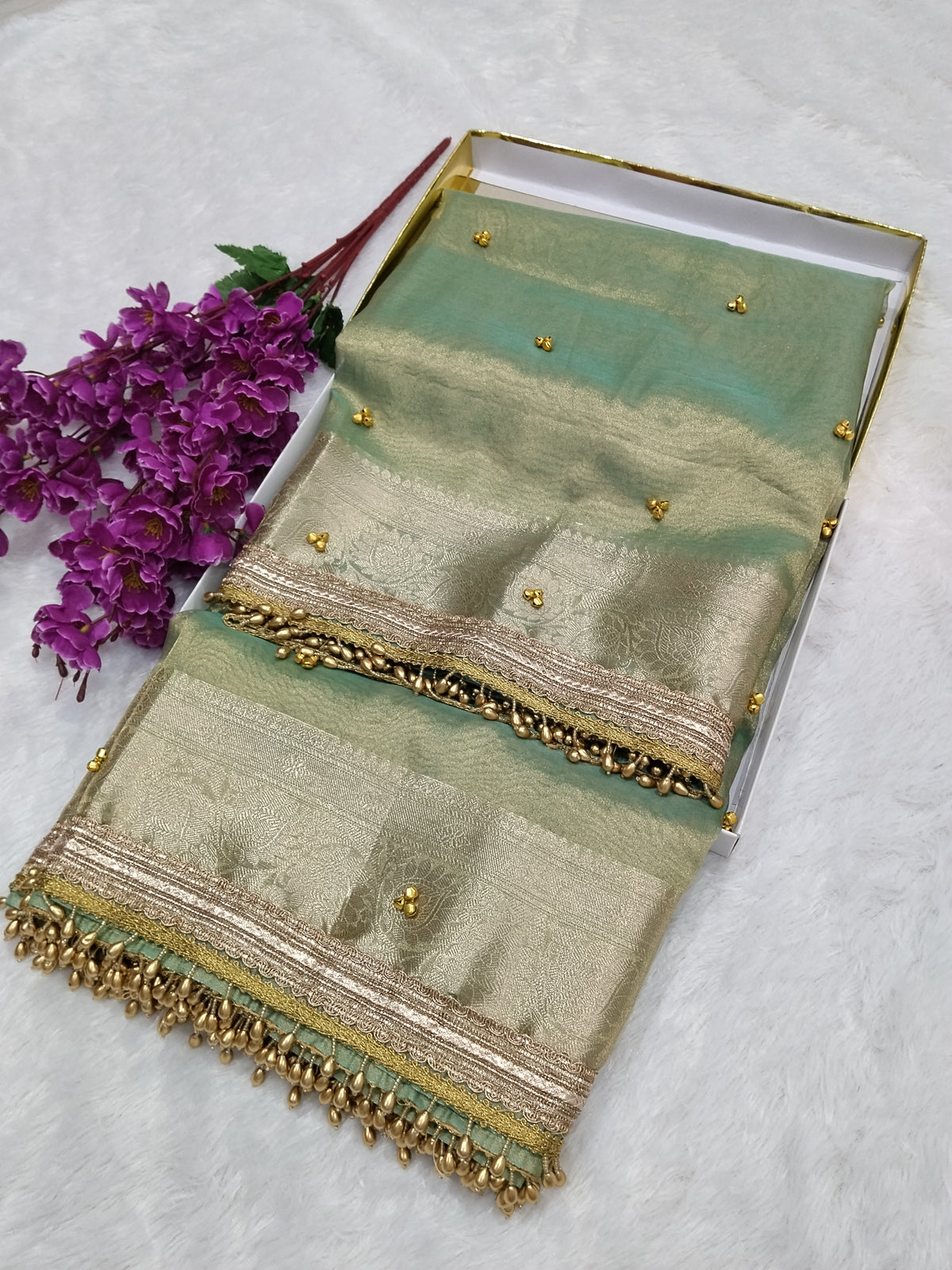 Viral Ghungroo Saree Light Sea Green Colour Tissue Plain Body Saree With Ghungroo And Gota Patti Work
