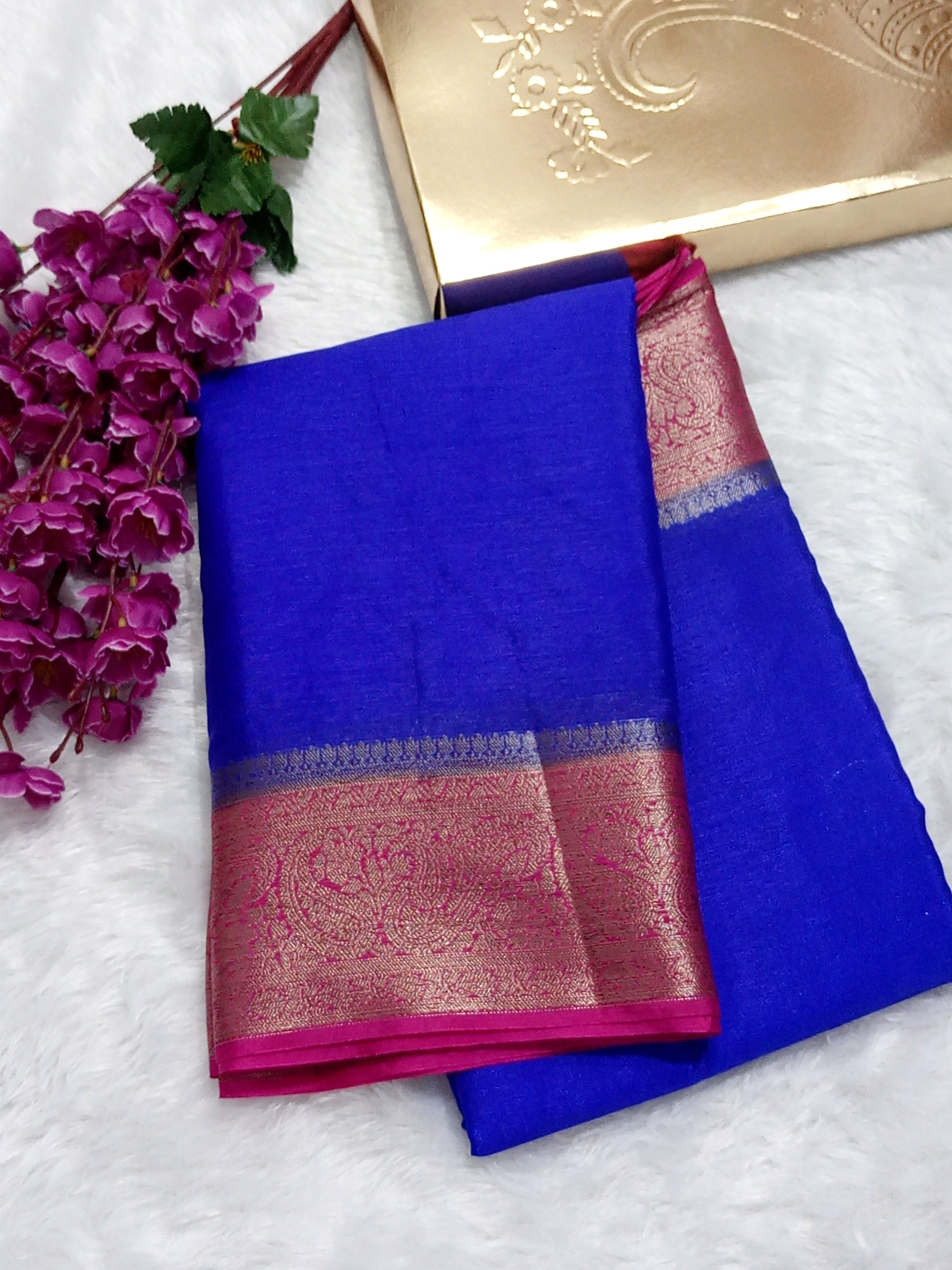 Royal Blue And Red Colour Plain Body Warm Silk Saree
