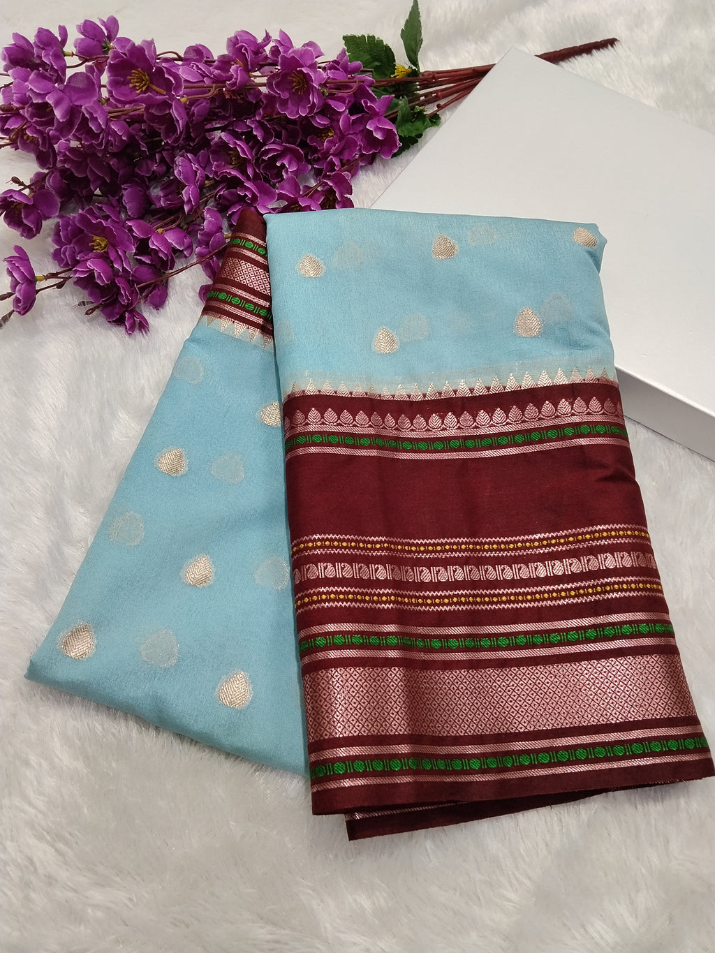 Sky Blue And Maroon Colour Kanjivaram Border Moonga Silk Saree With Buti
