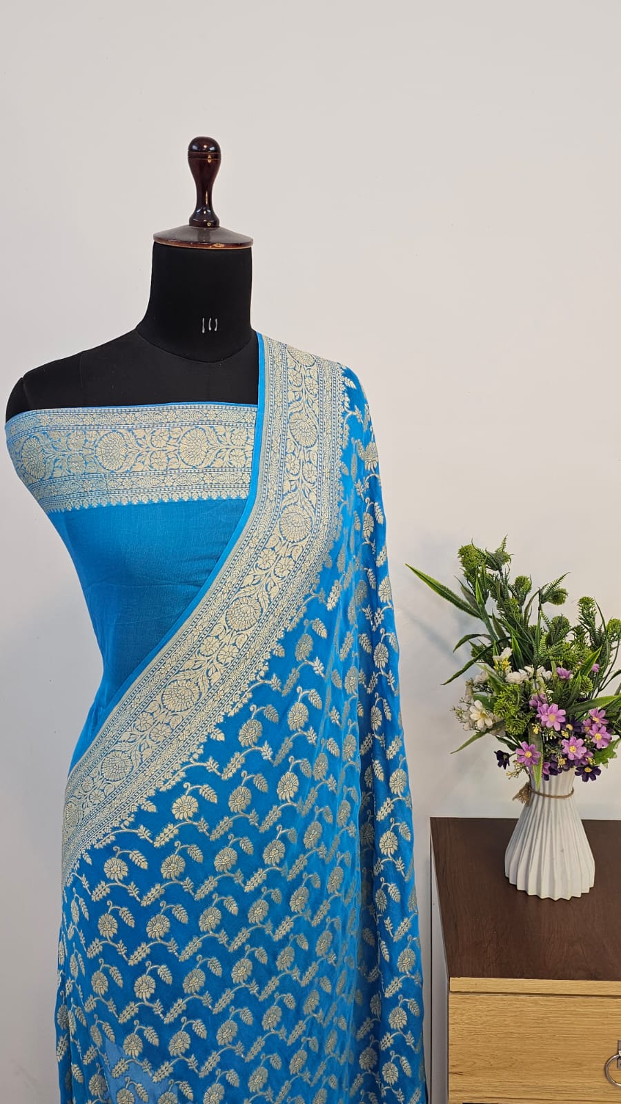 Teal Blue Colour Handloom Pure Banarasi Khaddi Georgette Saree Water Zari