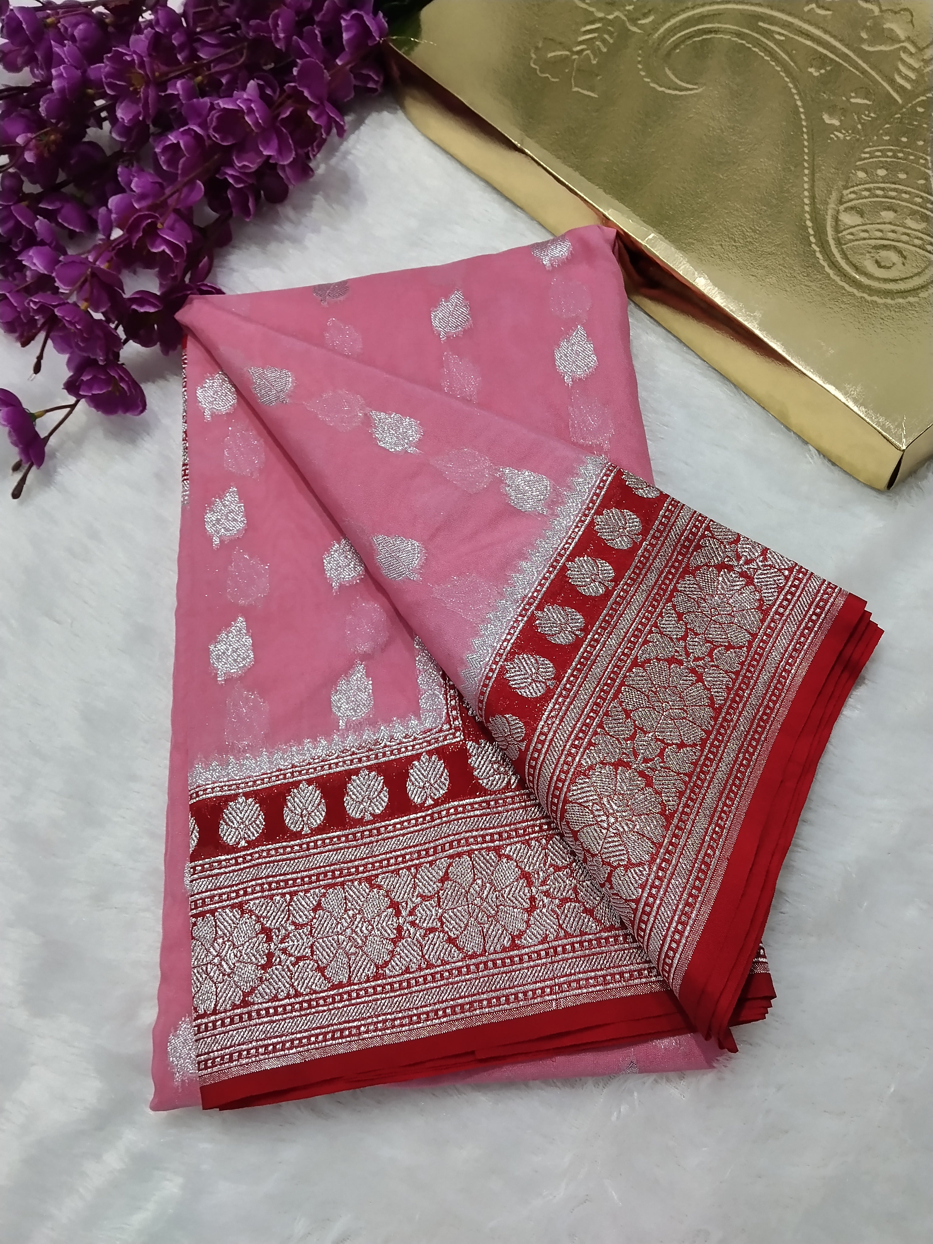 Baby Pink And Red Colour Banarasi Khaddi Georgette Saree