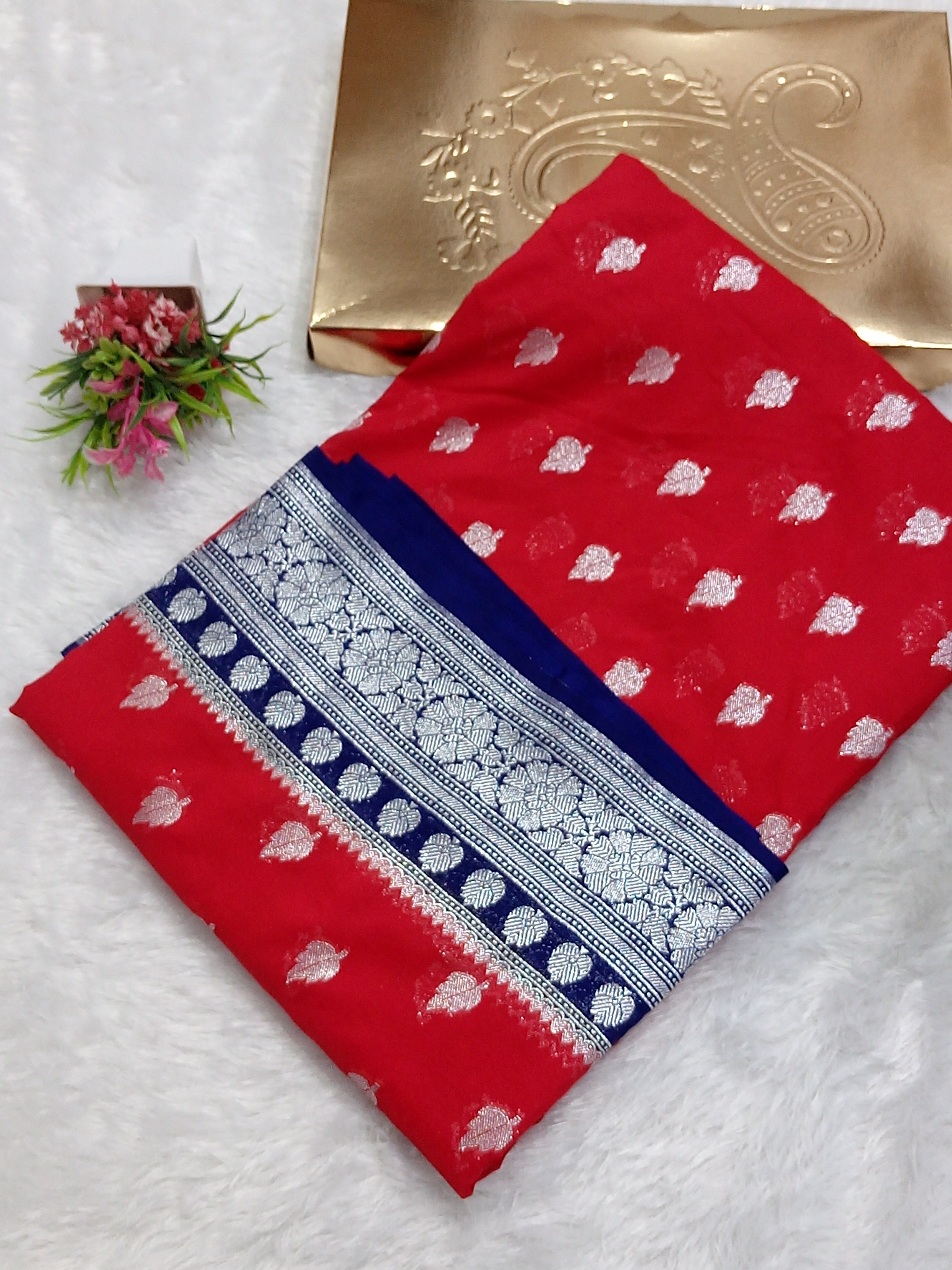 Red And Blue Khaddi Georgette Saree
