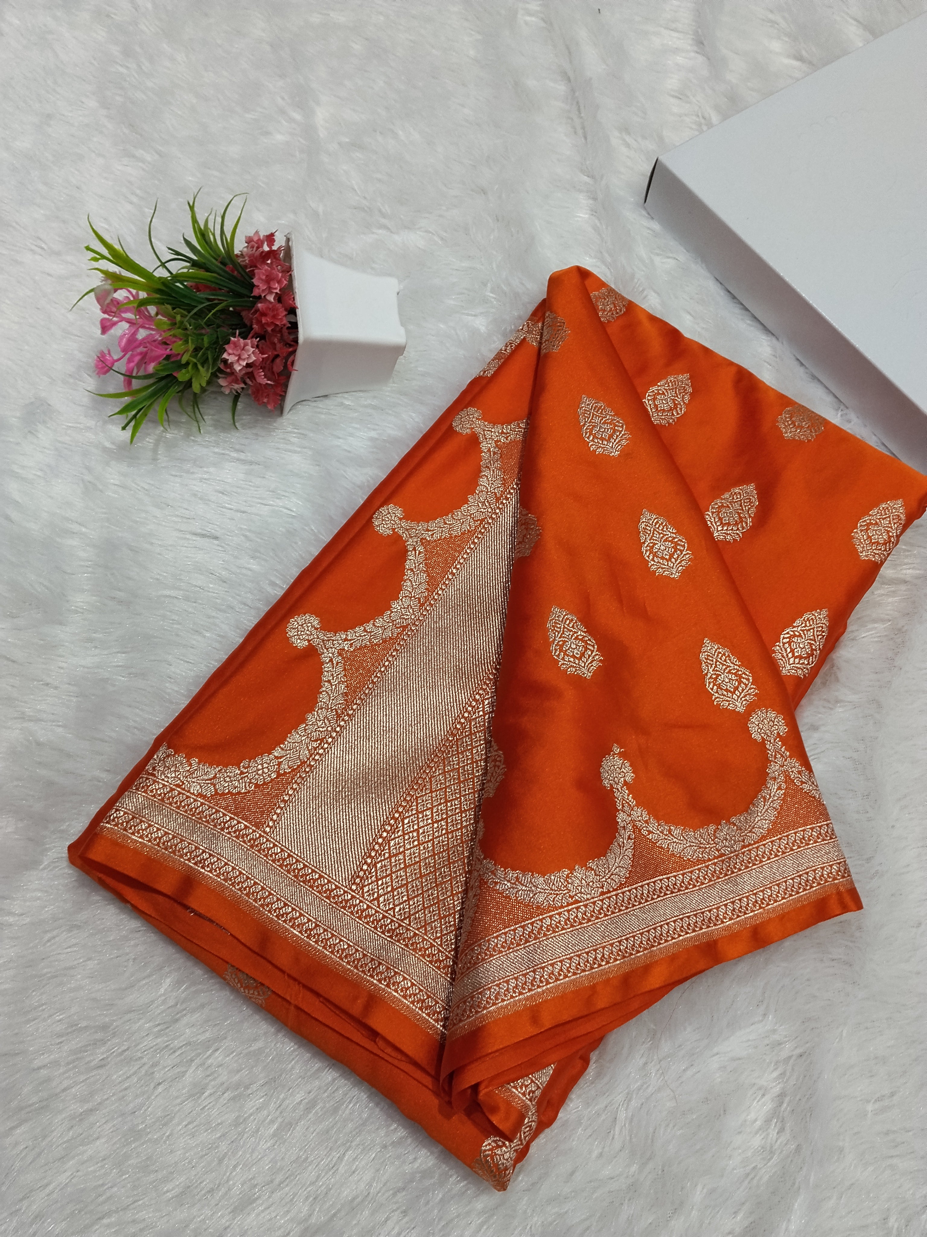 Fanta Orange Wedding Banarasi Mashru Silk Saree Buta Work