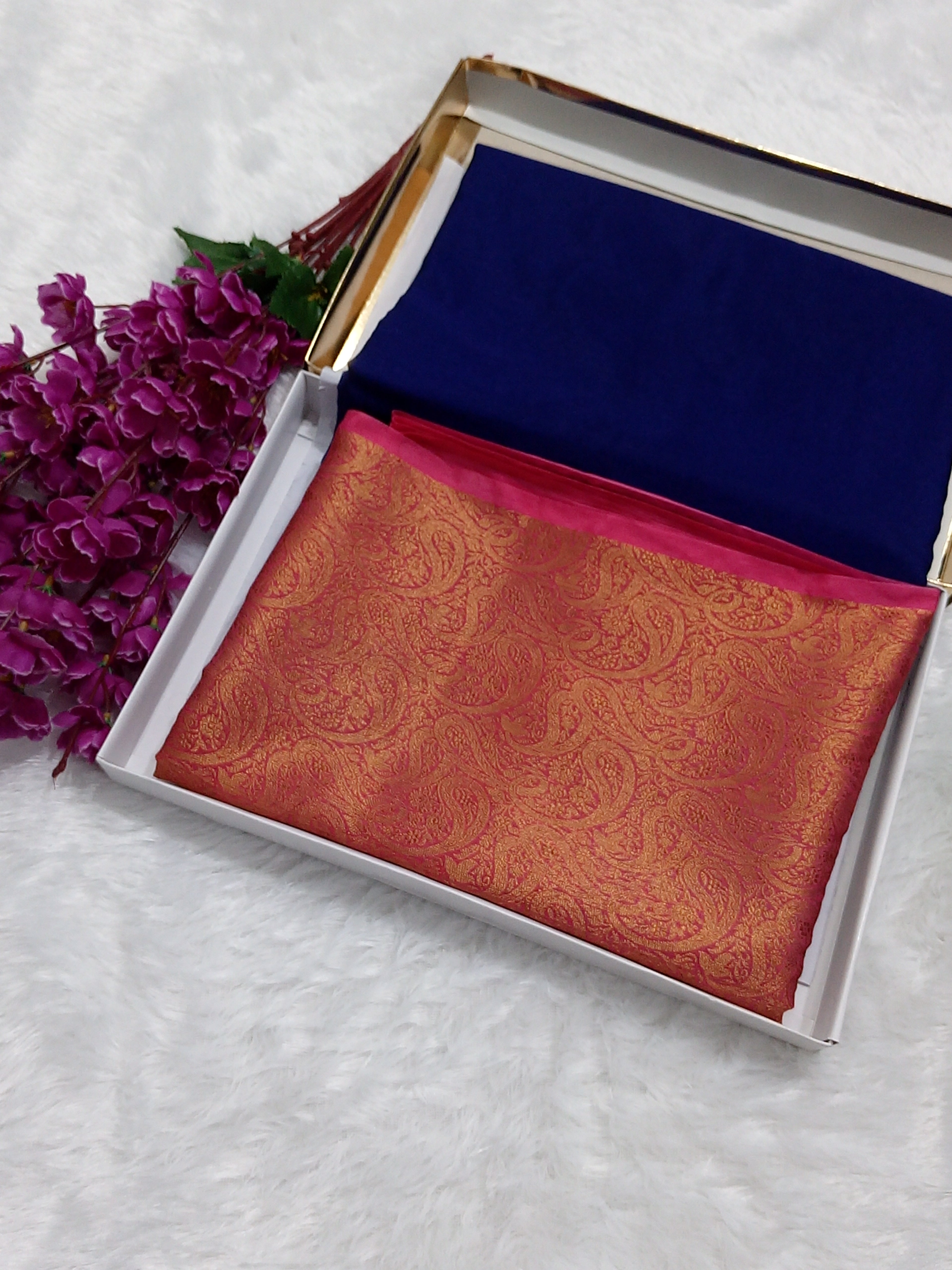 Navy Blue And Pink Colour Plain Body Warm Silk Saree