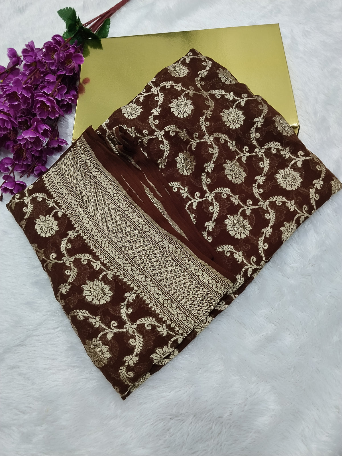 Coffee Brown Colour Handloom Pure Banarasi Khaddi Georgette Saree Water Zari