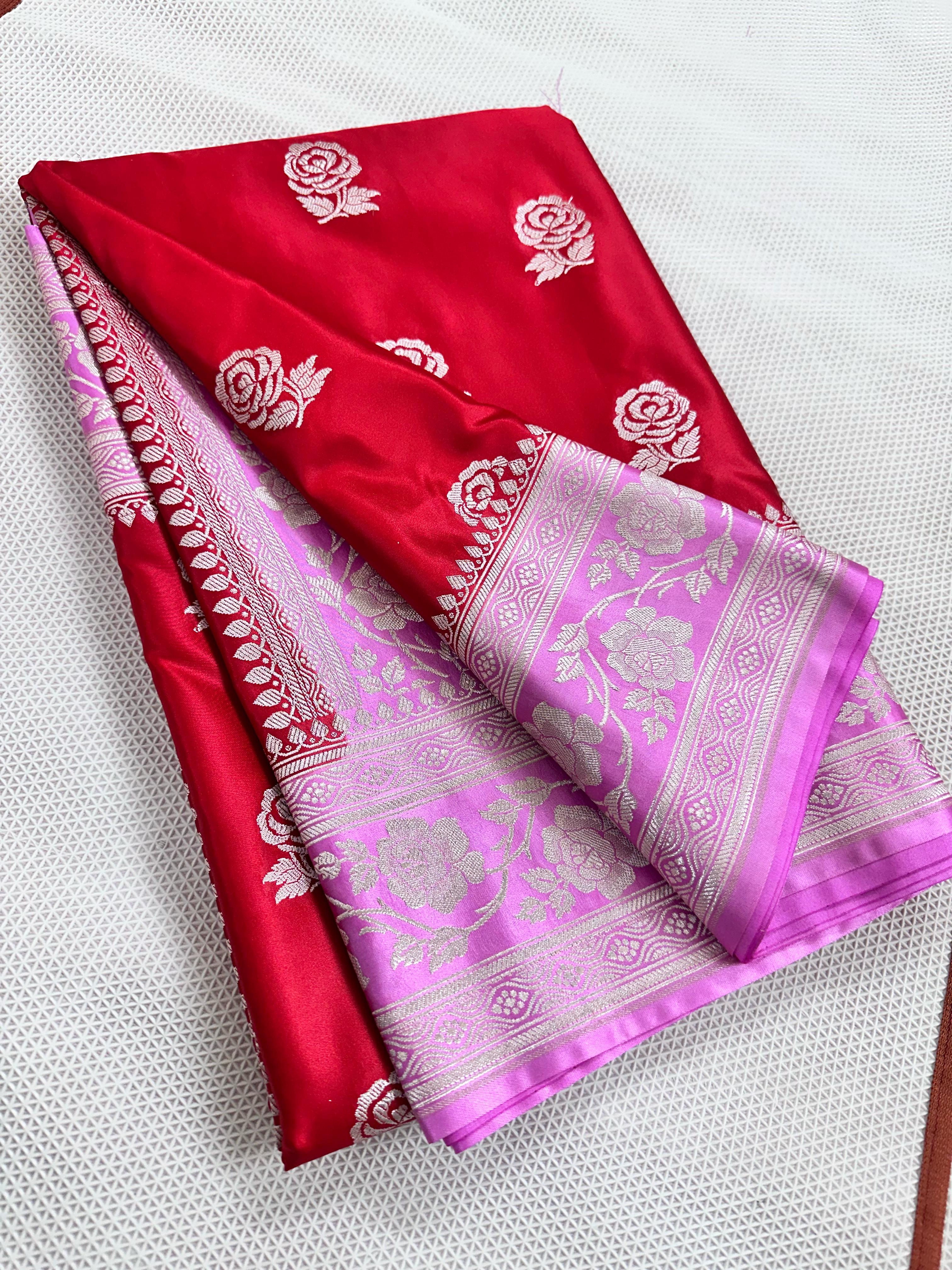 Red And Baby Pink Colour Banarasi Mashru Silk Saree