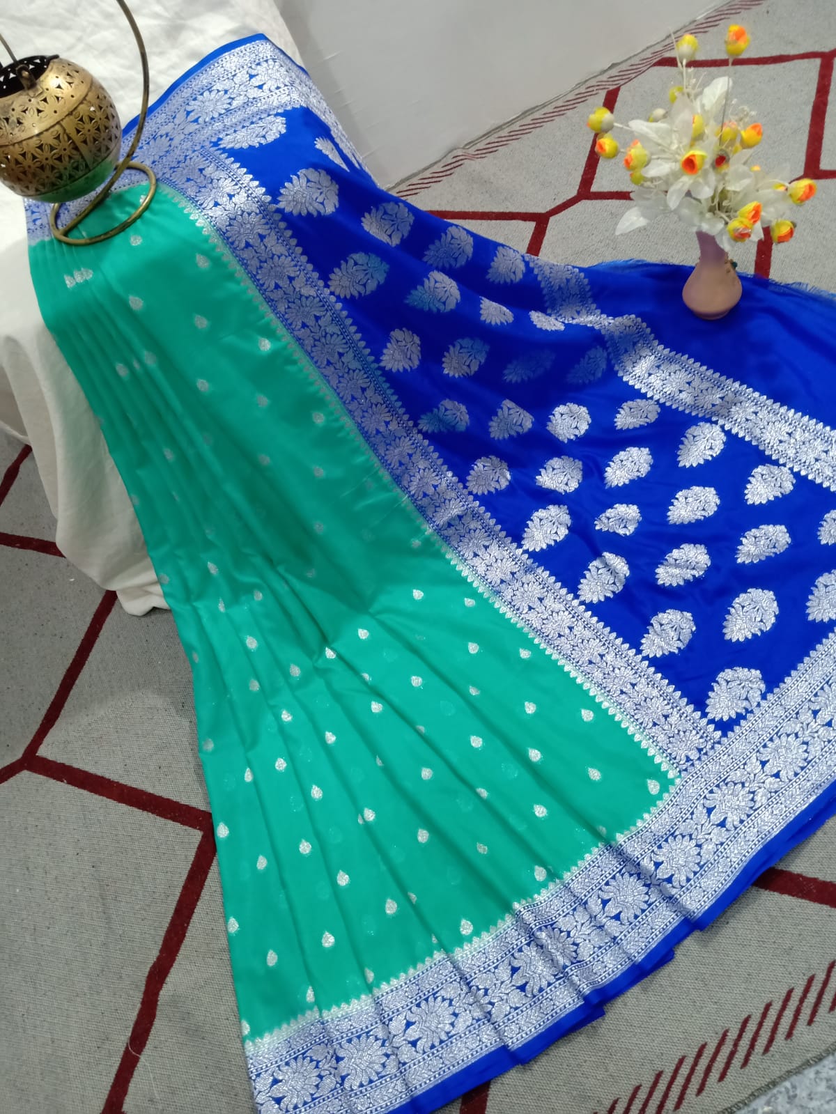 Sky Blue And Dark Blue Semi Georgette Saree