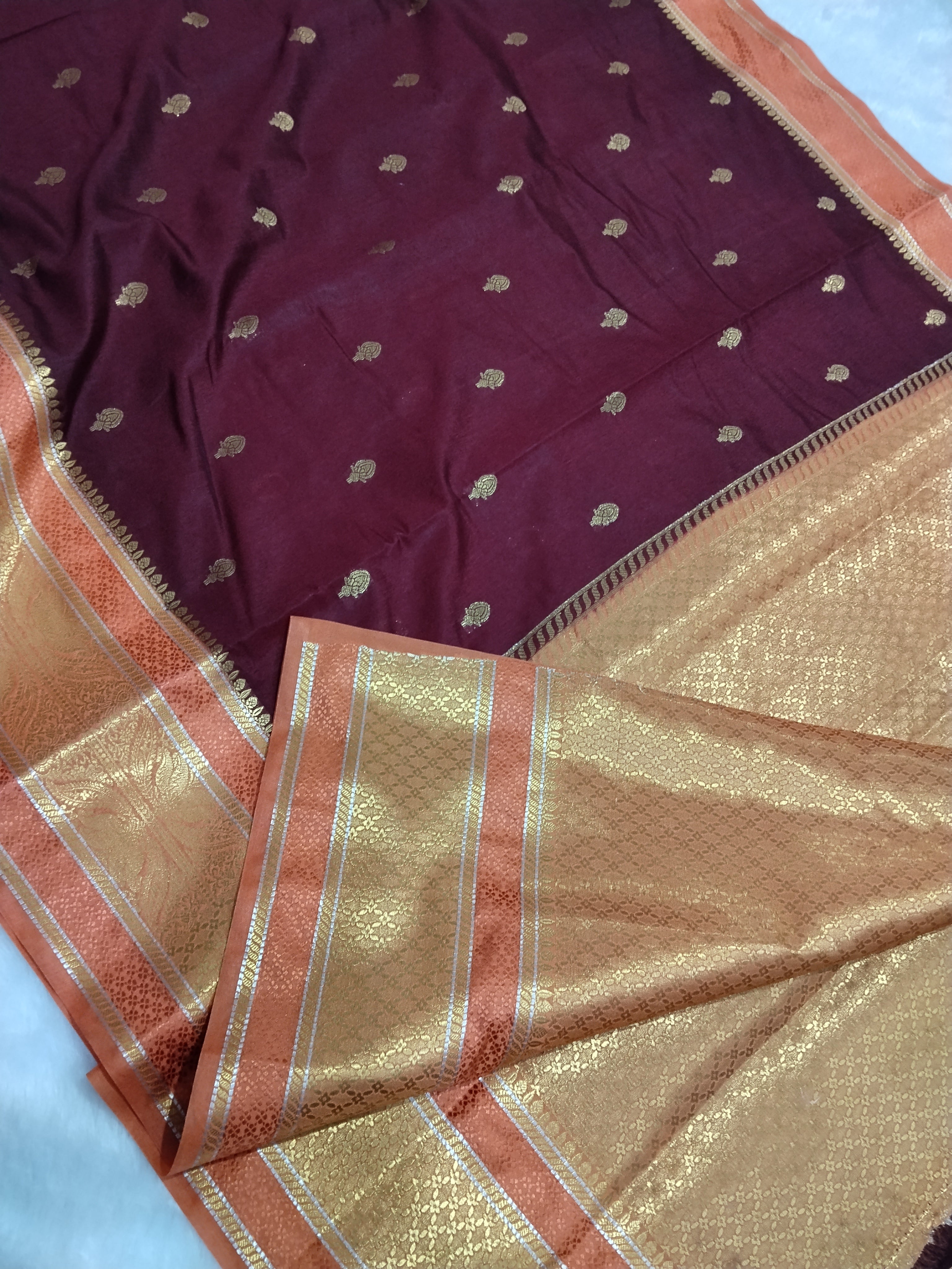 Maroon And Peach Colour Kanjivaram Border Moonga Silk Saree With Buti