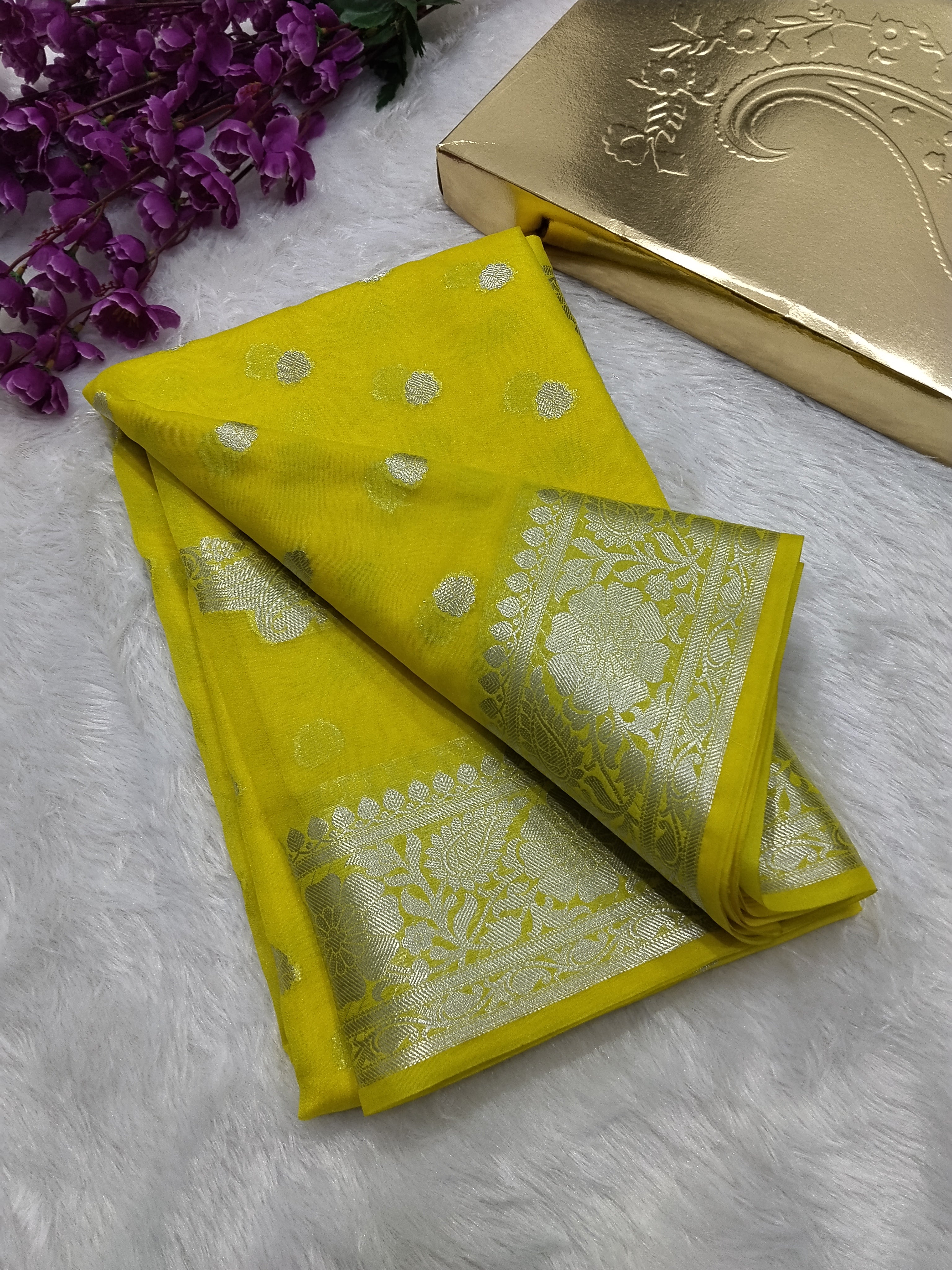Yellow Colour Silver Zari Khaddi Georgette Saree