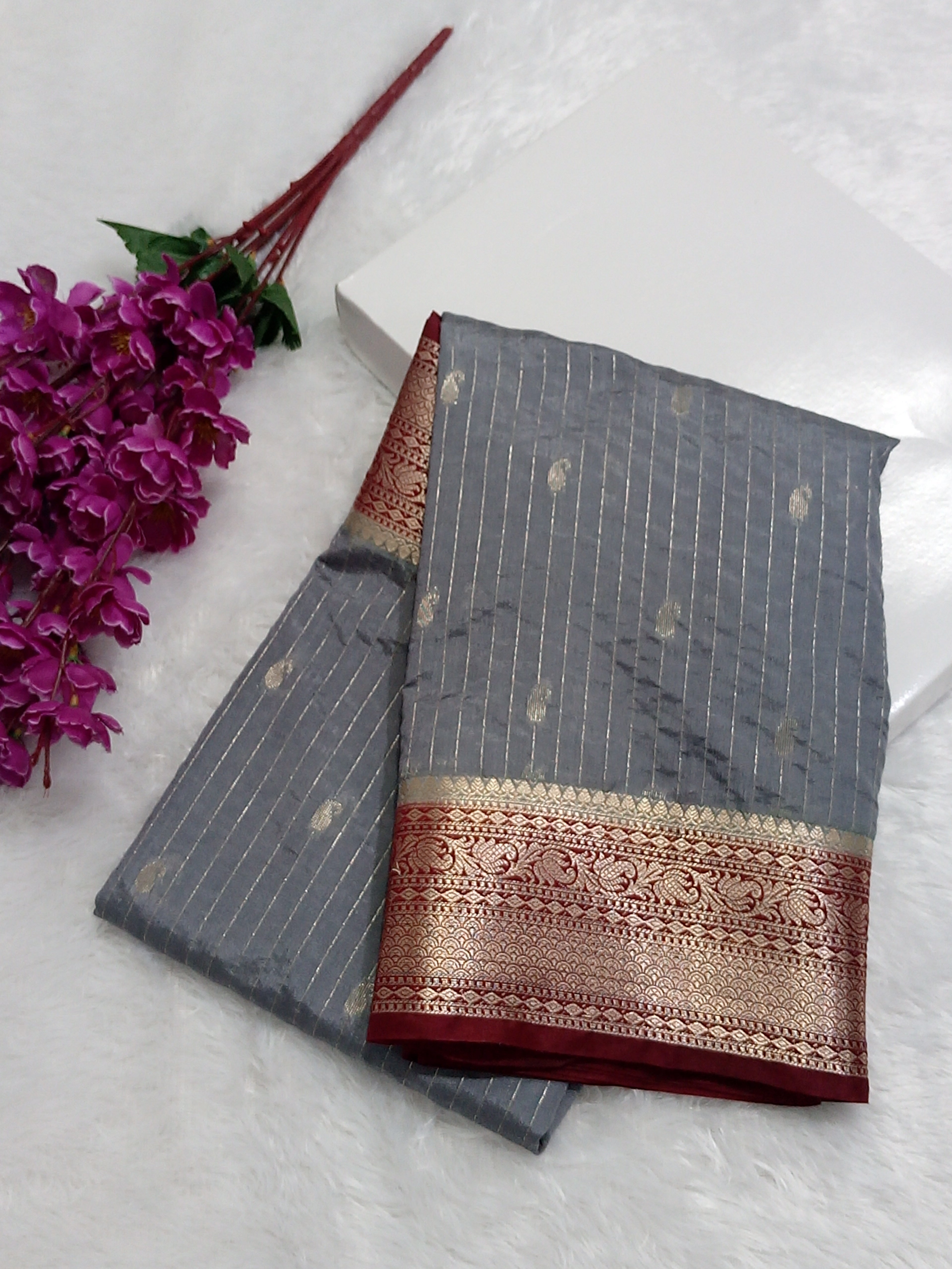 Grey And Maroon Colour Banarasi Moonga Silk Saree