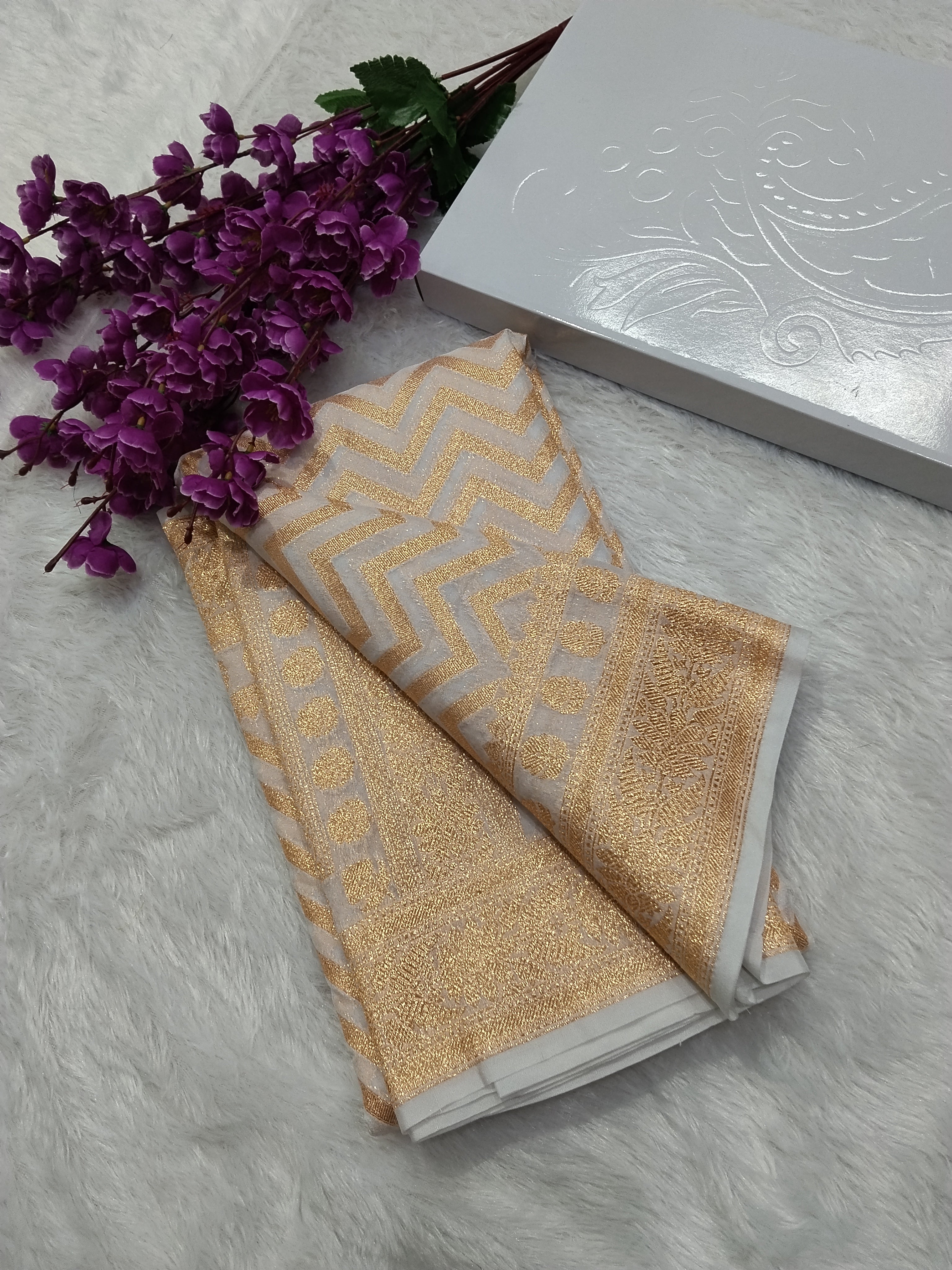 Cream Colour Golden Zari Khaddi Georgette Saree