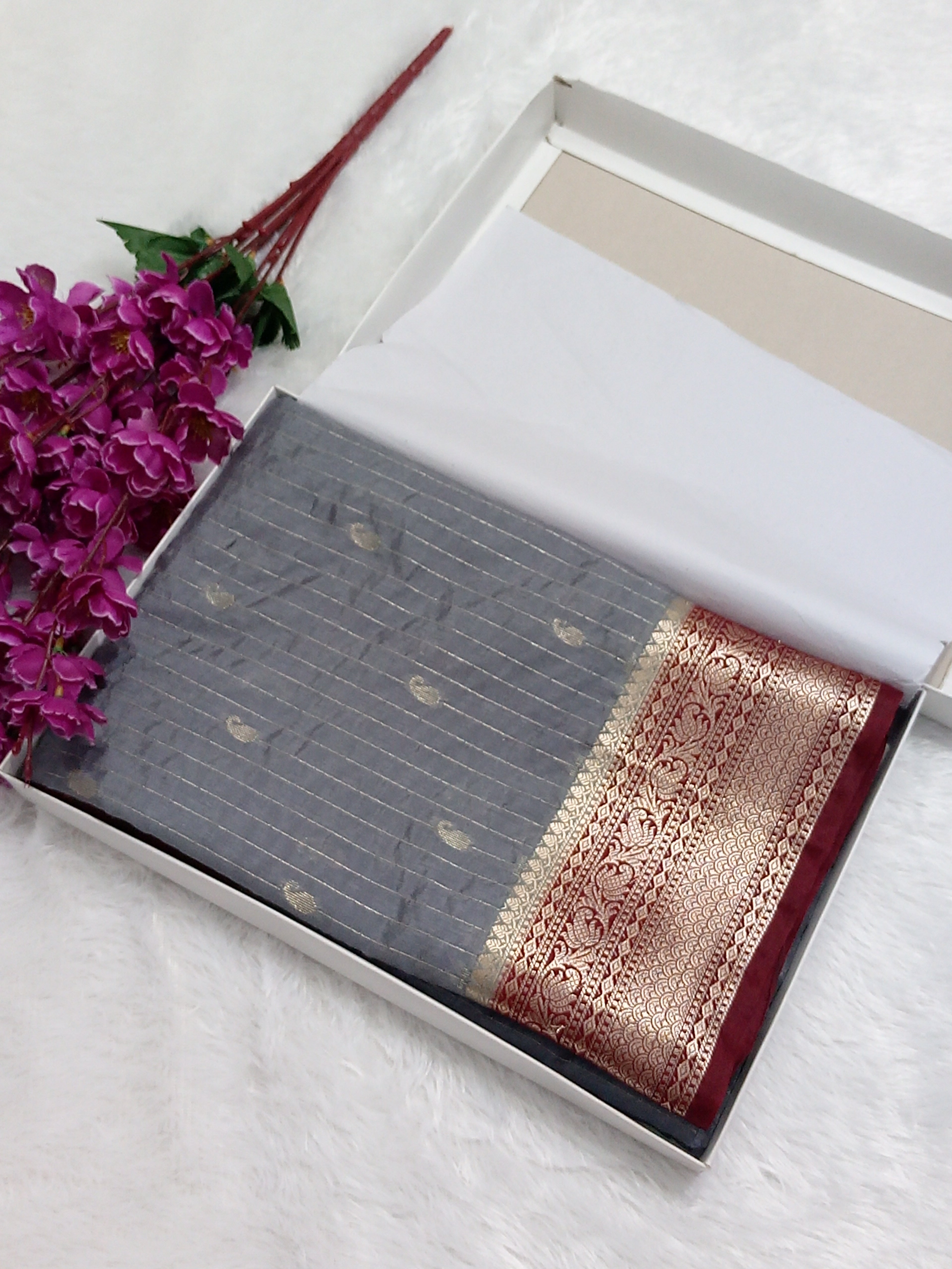 Grey And Maroon Colour Banarasi Moonga Silk Saree