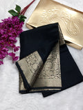 Jet Black Banarasi Semi Dupion Plain Body Saree