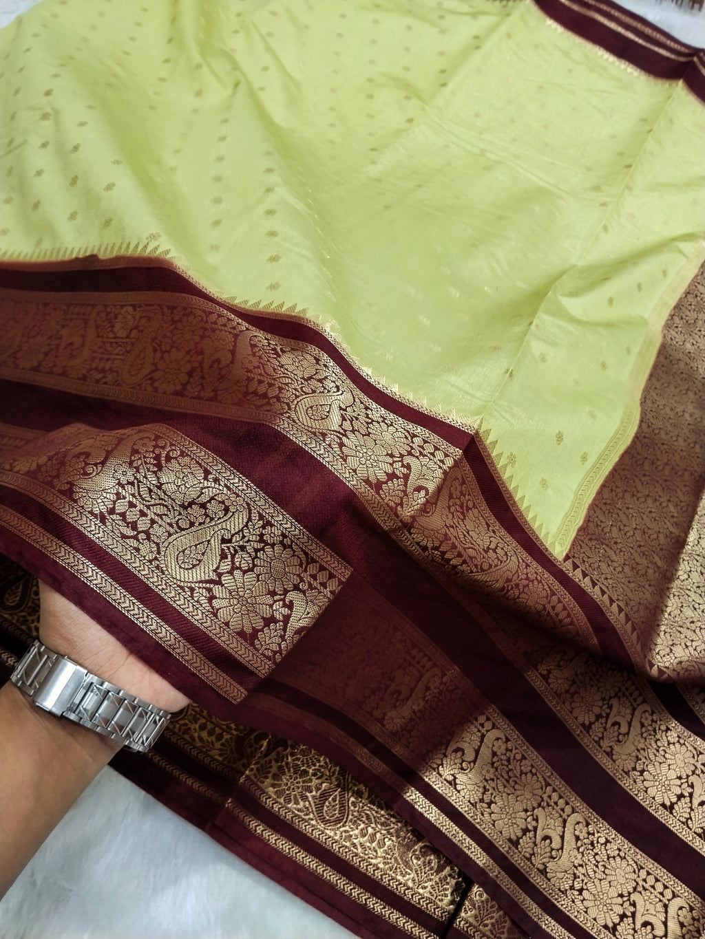 Pista Green And Brown Colour Kanjivaram Border Moonga Silk Saree With Buti Work