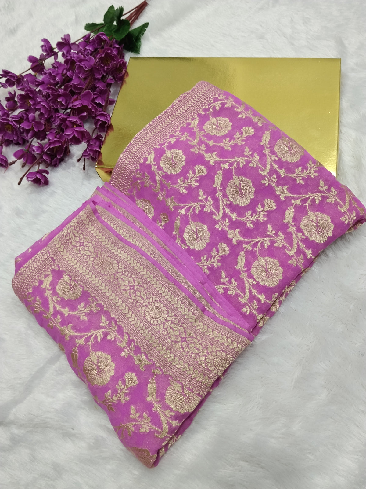 Pink Colour Handloom Pure Banarasi Khaddi Georgette Saree Water Zari