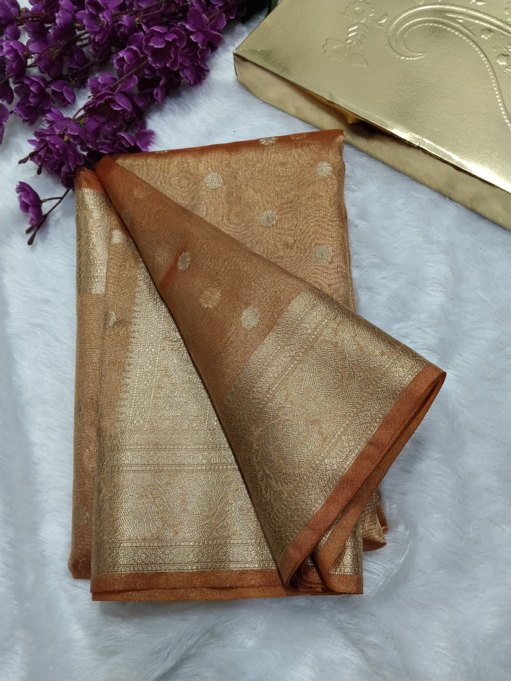 Orange Colour Tissue Saree With All Over Buti