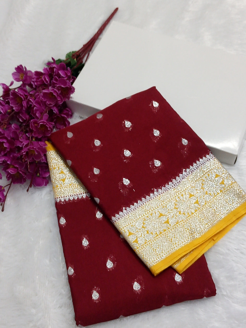 Maroon And Yellow Banarasi Khaddi Georgette Saree