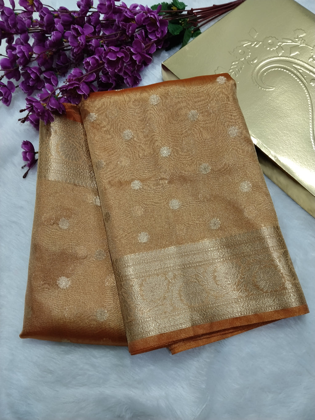 Orange Colour Tissue Saree With All Over Buti