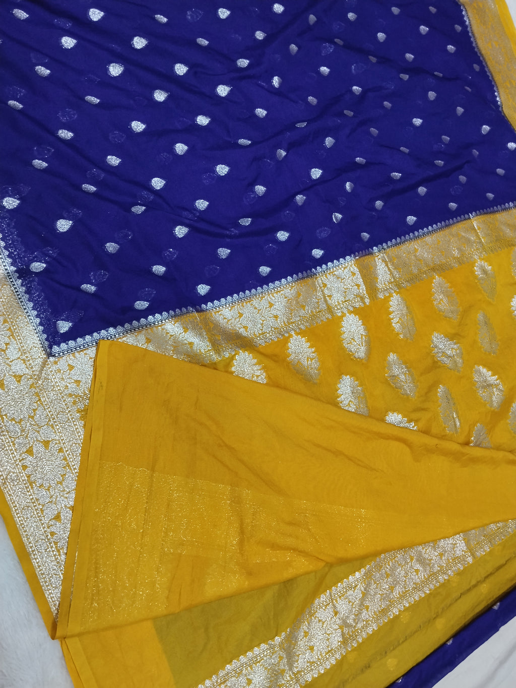 Violet And Yellow Colour Banarasi Khaddi Georgette Saree Small Buti