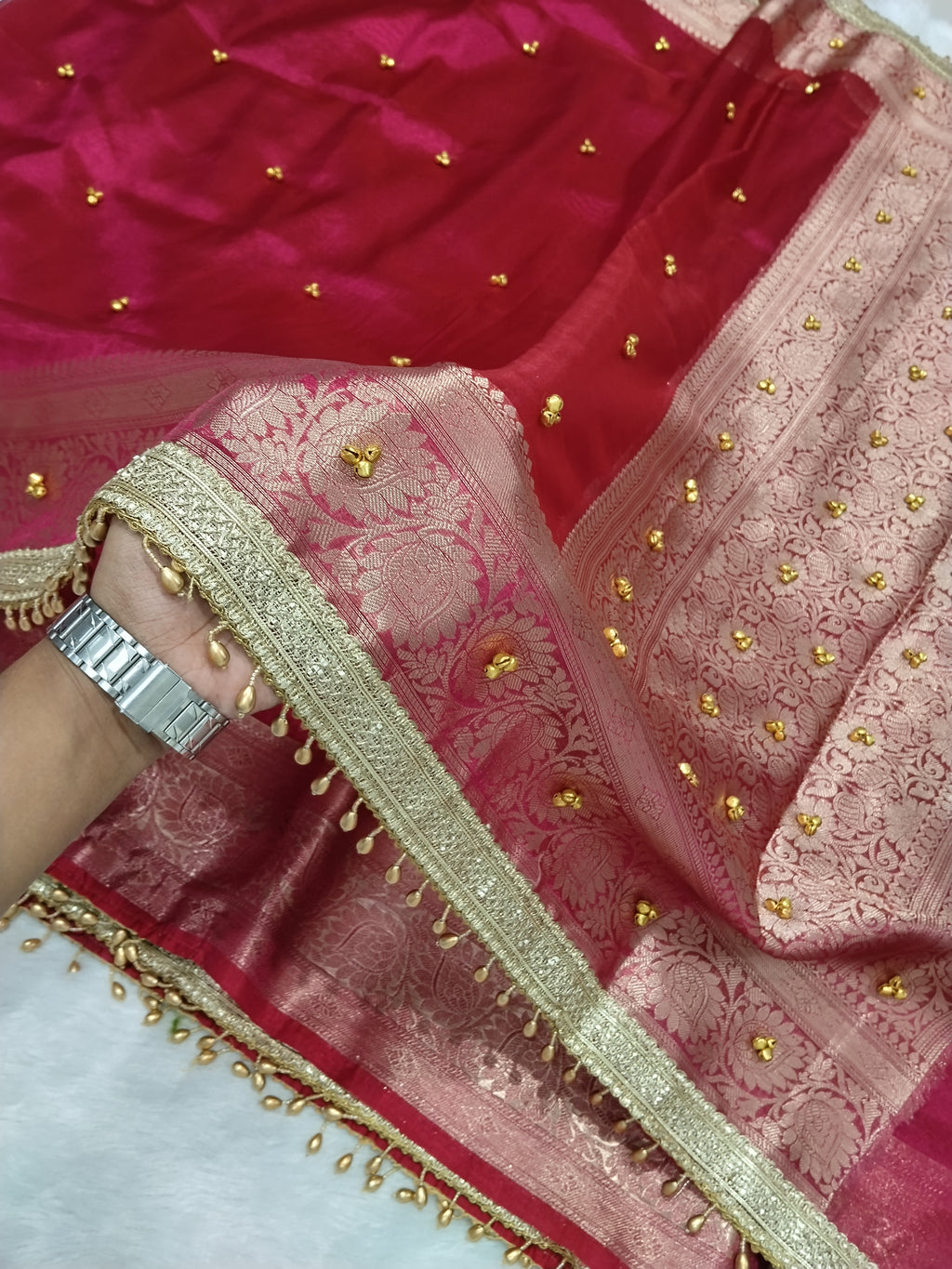 Viral Ghungroo Saree Gulabi Pink Colour Tissue Plain Body Saree With Ghungroo And Gota Patti Work