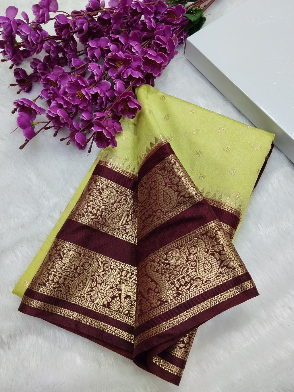 Pista Green And Brown Colour Kanjivaram Border Moonga Silk Saree With Buti Work