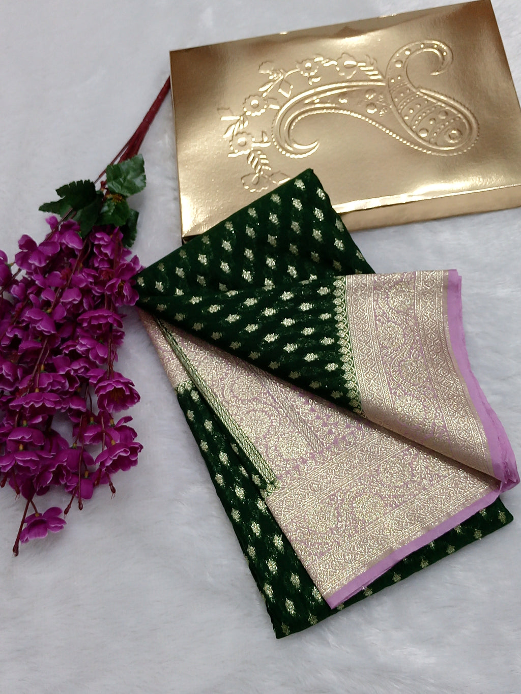 Bottle Green And Pink Zari Buti Georgette Saree