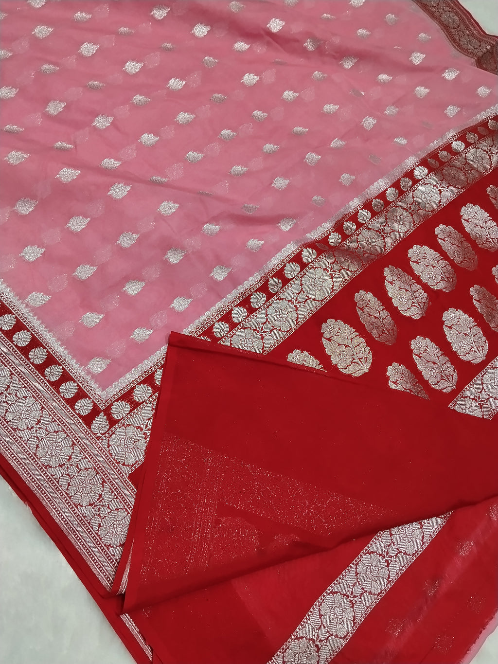 Baby Pink And Red Colour Banarasi Khaddi Georgette Saree