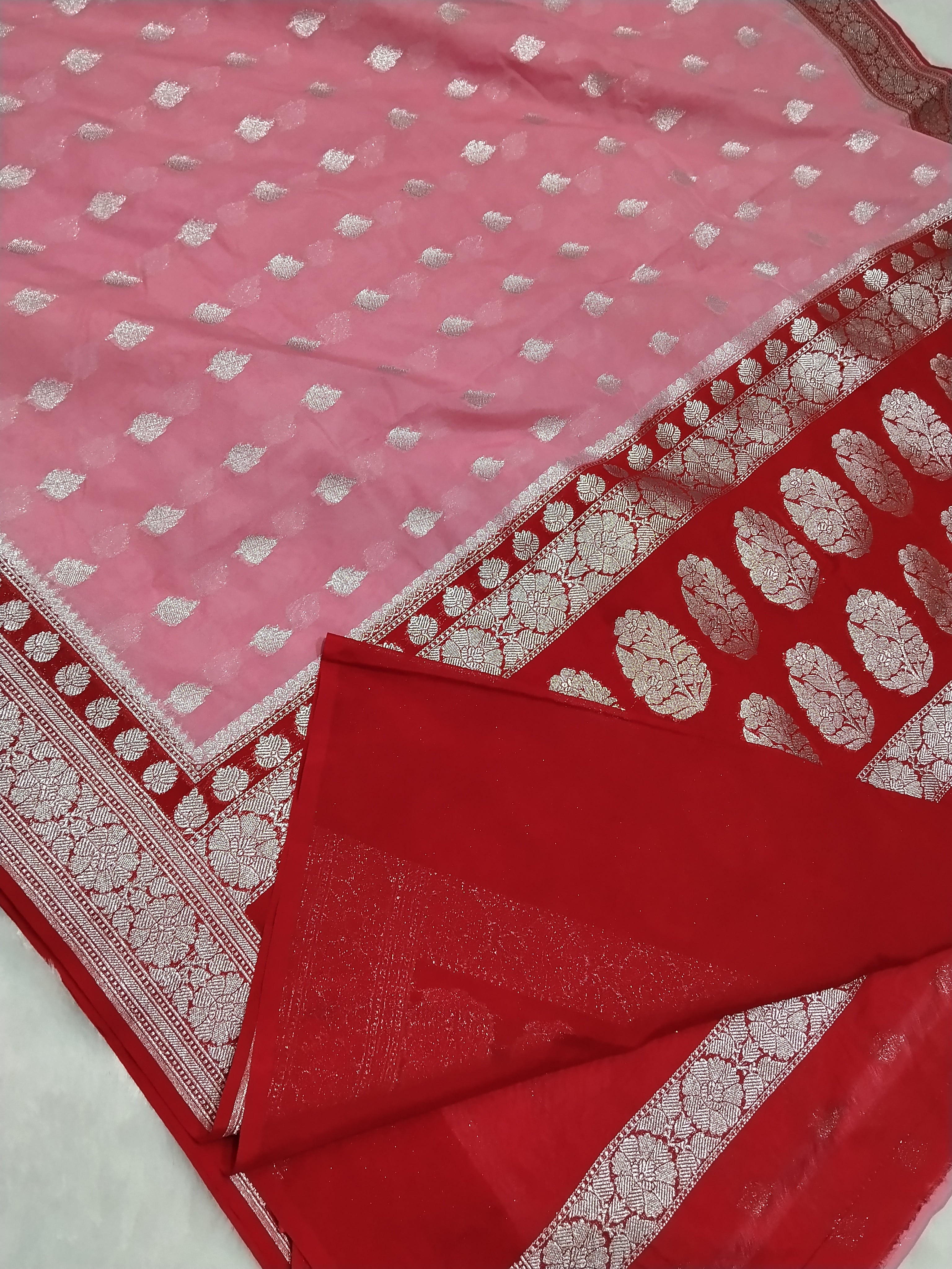 Baby Pink And Red Colour Banarasi Khaddi Georgette Saree