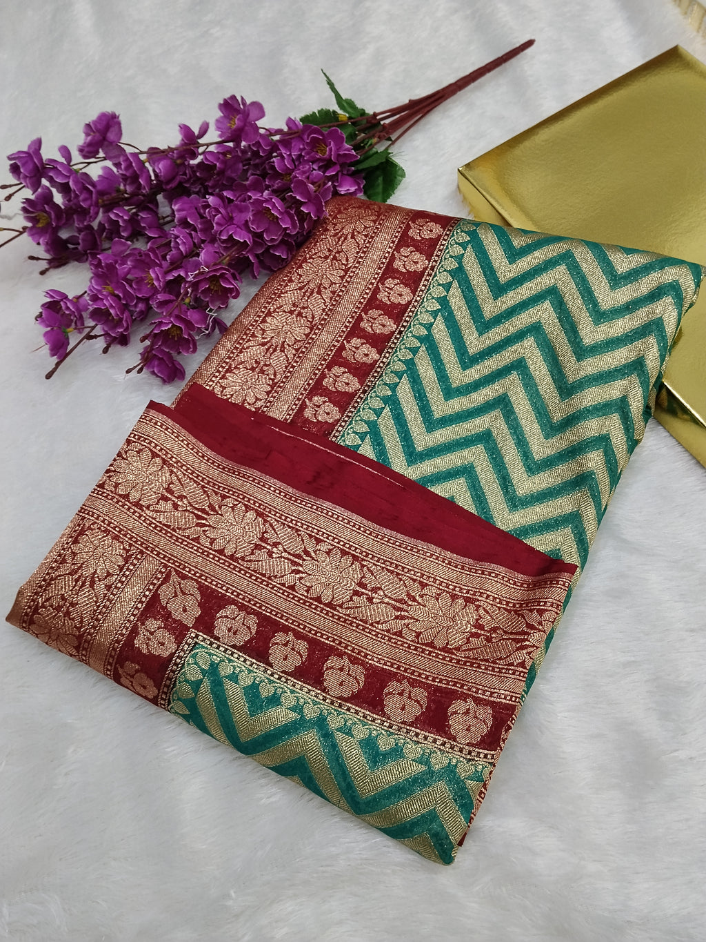 Dark Seam Green And Maroon Colour Banarasi Khaddi Georgette Saree Golden Zari